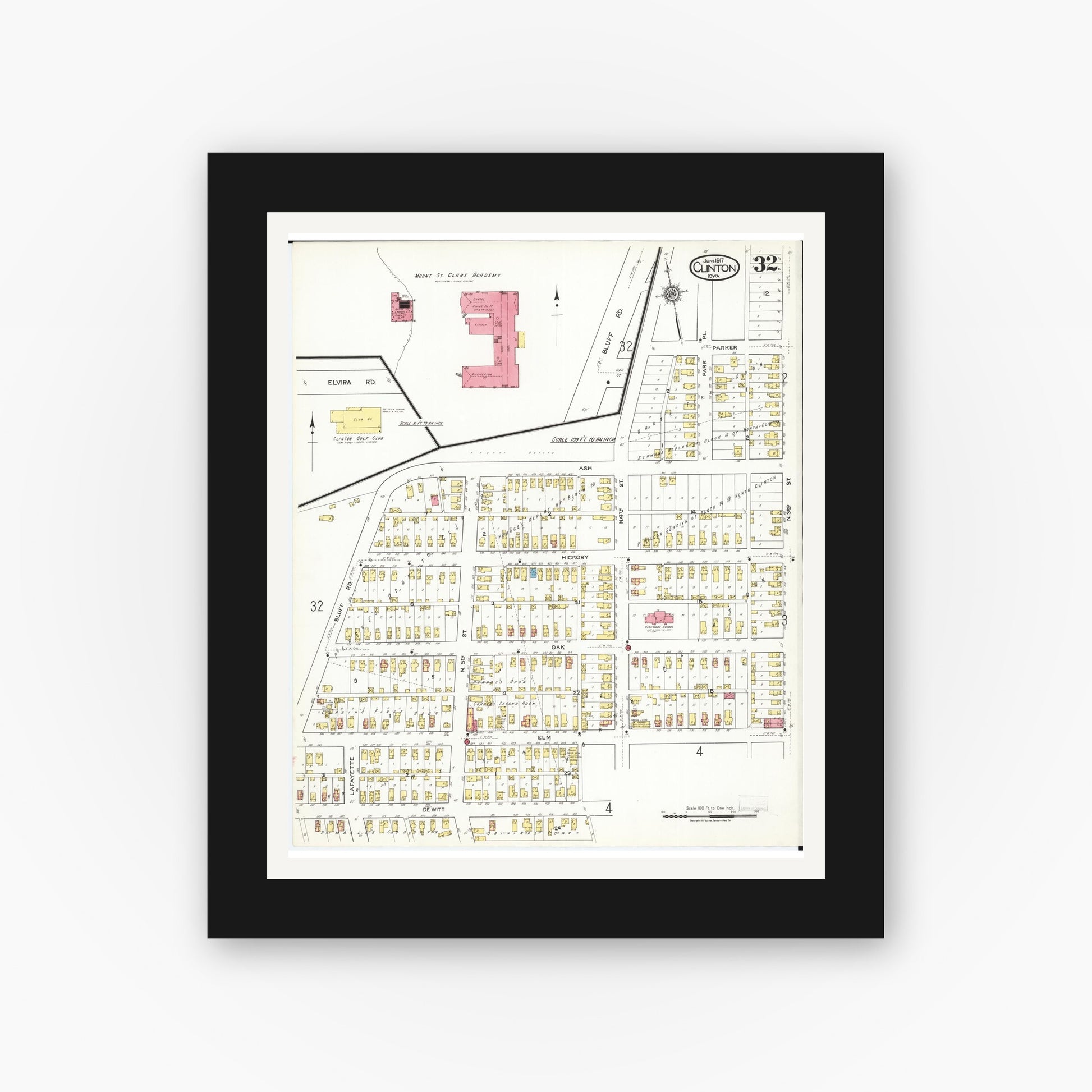 Old map wall art mockup — black gallery frame with white mat — Sanborn Fire Insurance Map from Clinton, Clinton County, Iowa (1917), Sheet #0032