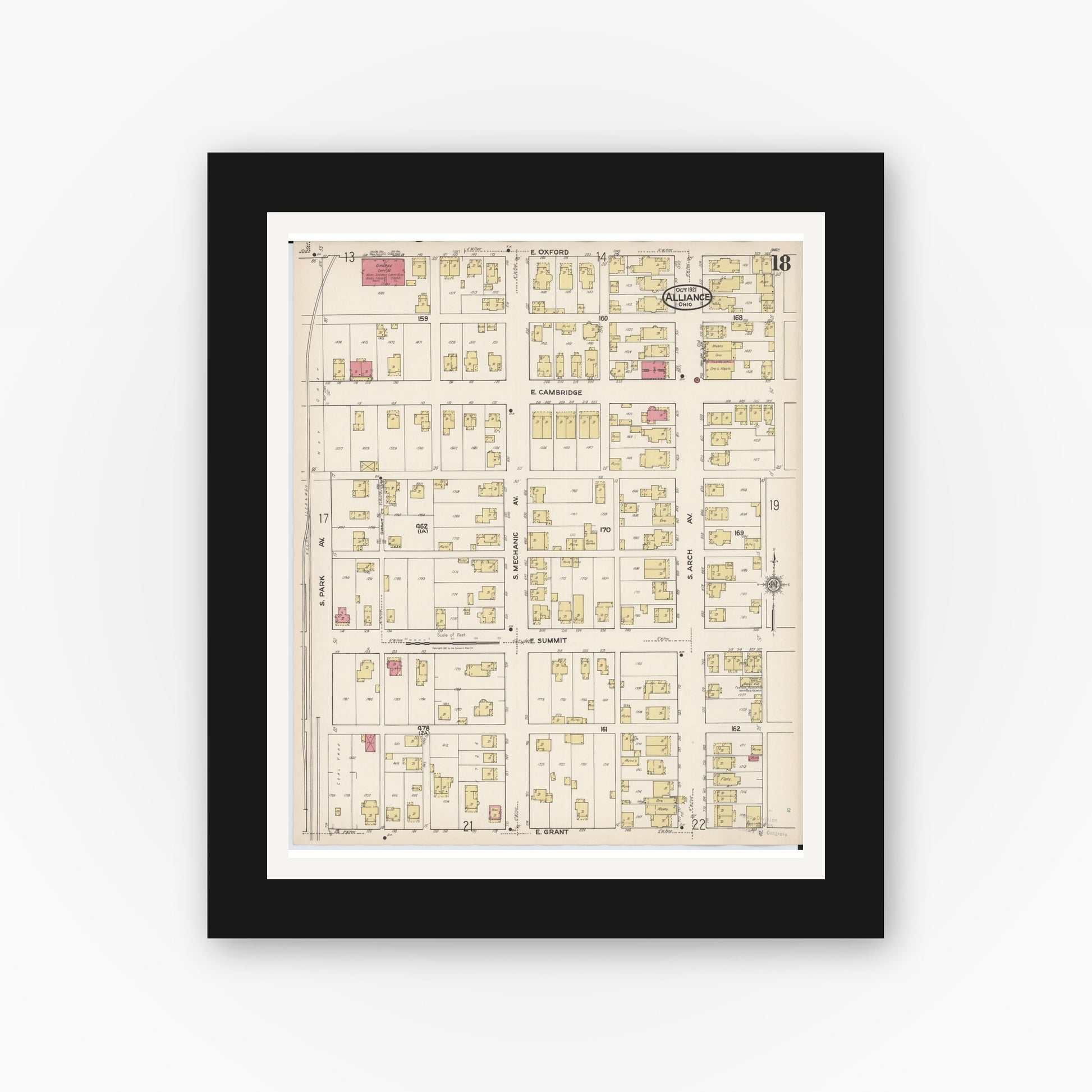 Old map wall art mockup — black gallery frame with white mat — Sanborn Fire Insurance Map from Alliance, Stark County, Ohio (1921), Sheet #0018