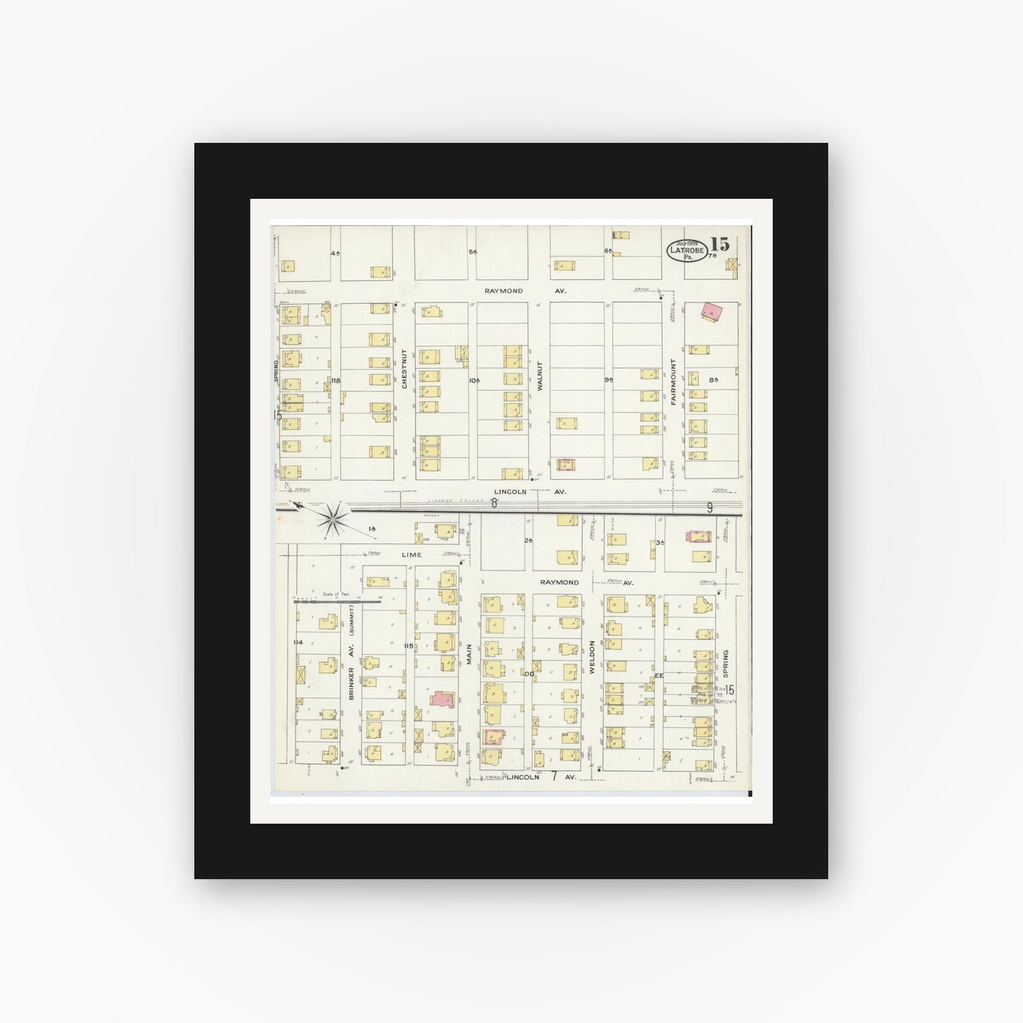 Old map wall art mockup — black gallery frame with white mat — Sanborn Fire Insurance Map from Latrobe, Westmoreland County, Pennsylvania (1909), Sheet #0015