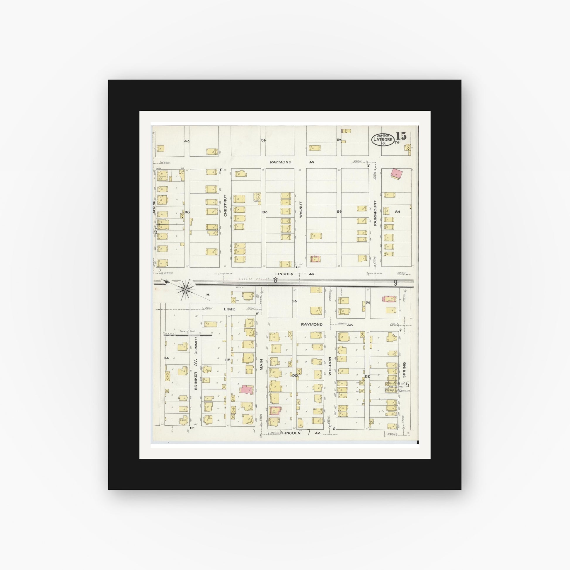 Old map wall art mockup — black gallery frame with white mat — Sanborn Fire Insurance Map from Latrobe, Westmoreland County, Pennsylvania (1909), Sheet #0015