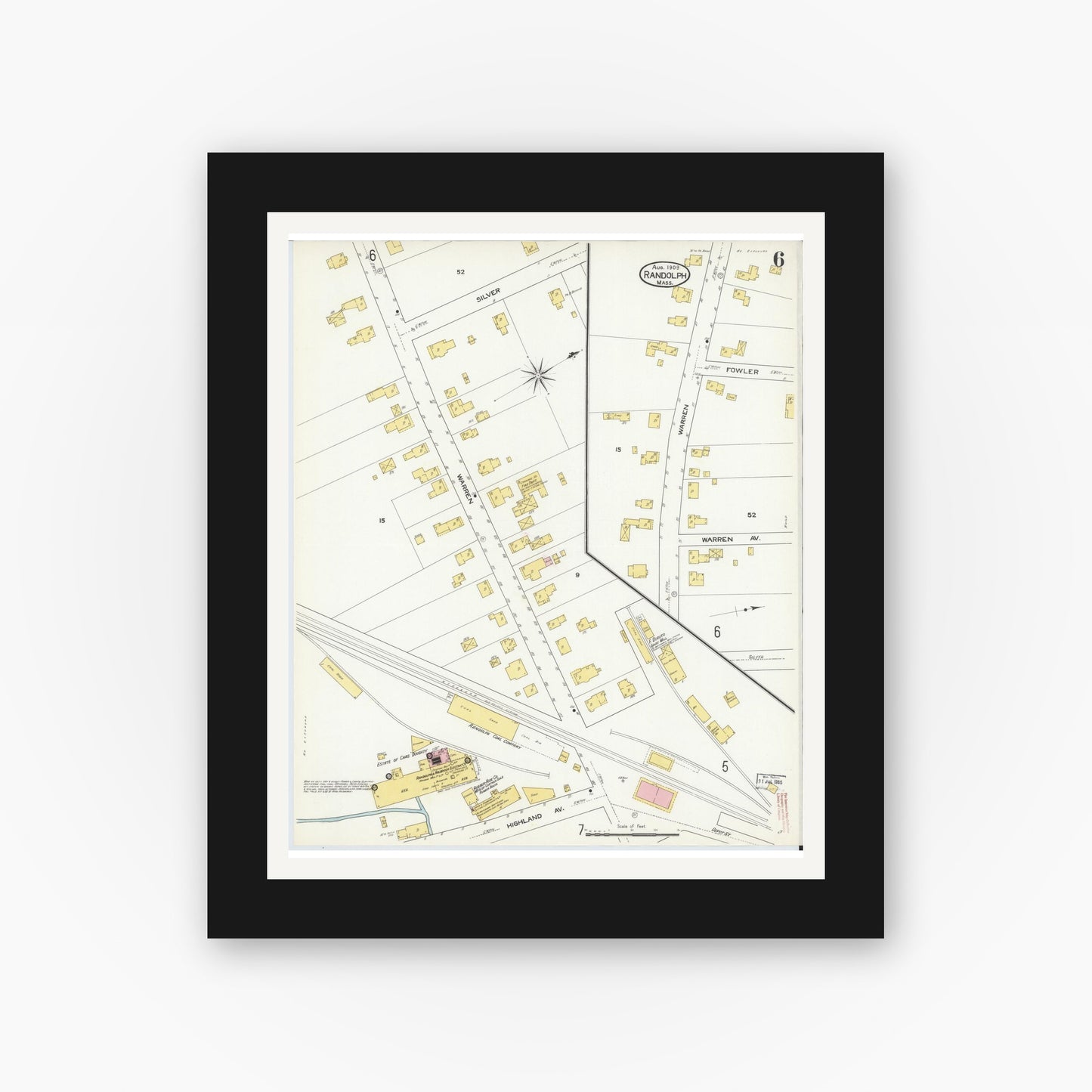 Old map wall art mockup — black gallery frame with white mat — Sanborn Fire Insurance Map from Randolph, Norfolk County, Massachusetts (1909), Sheet #0006