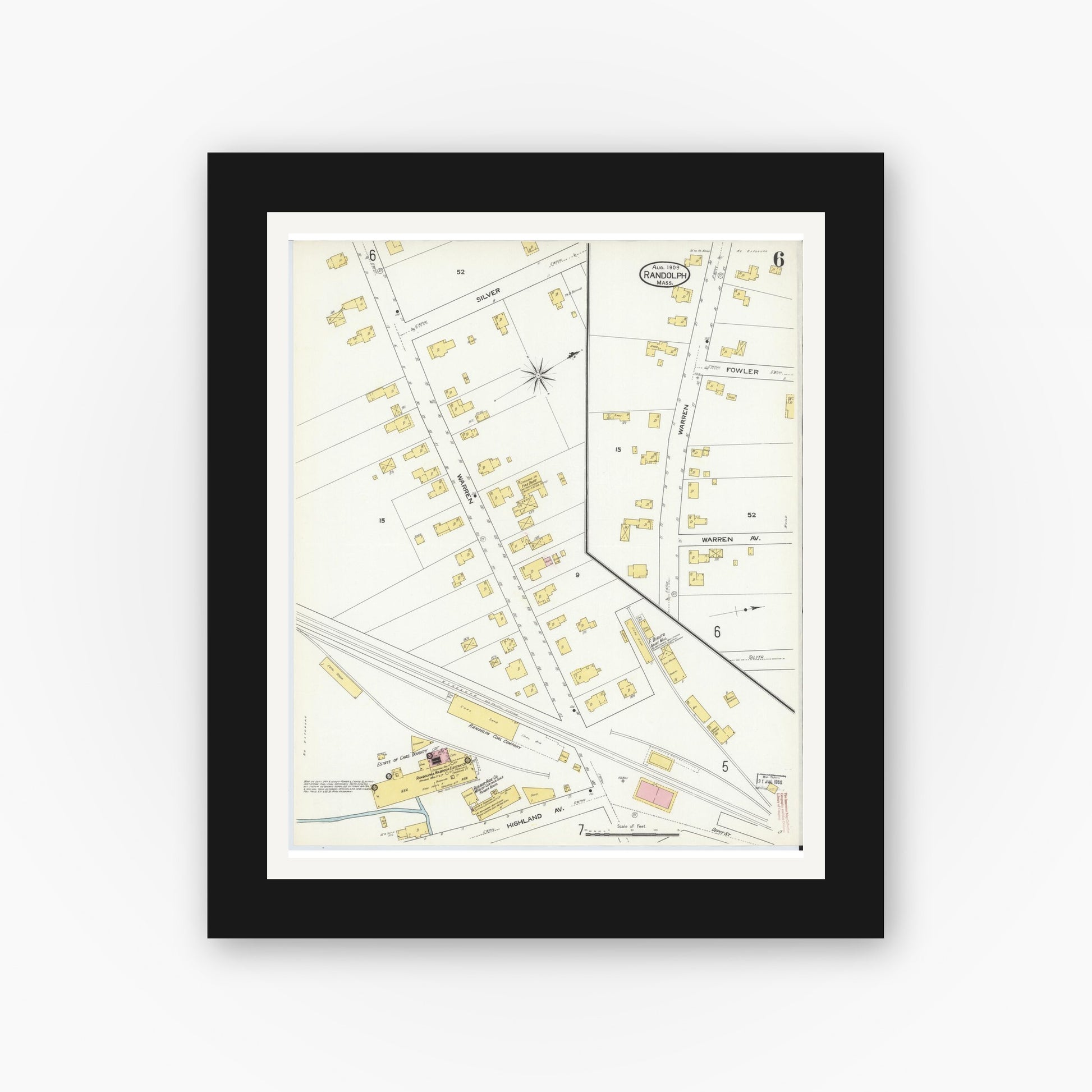 Old map wall art mockup — black gallery frame with white mat — Sanborn Fire Insurance Map from Randolph, Norfolk County, Massachusetts (1909), Sheet #0006