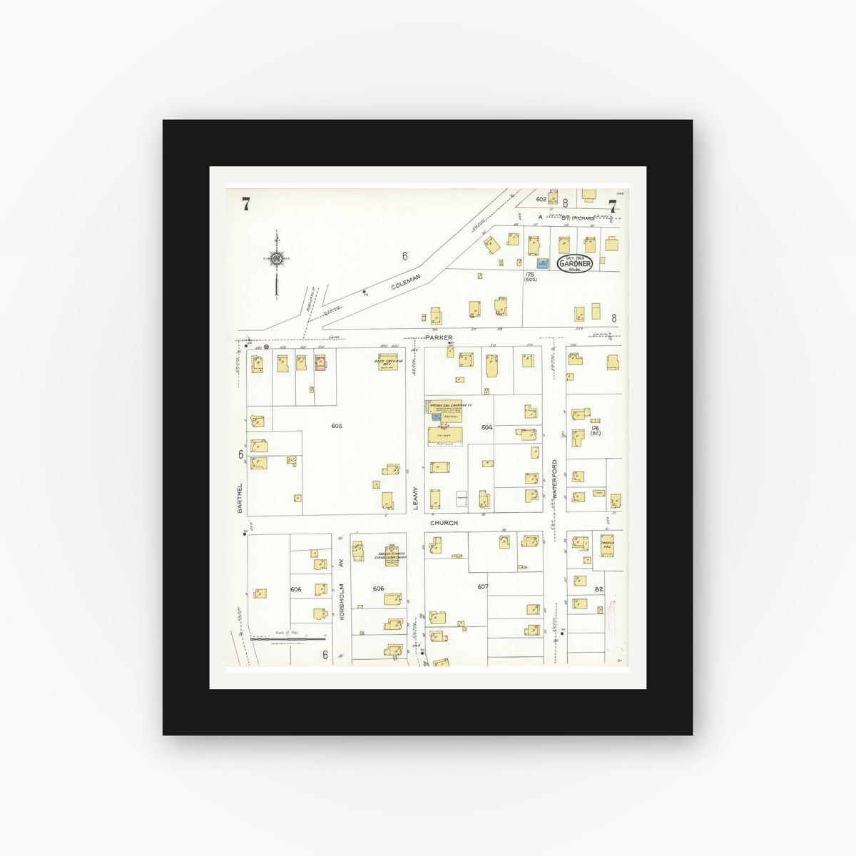 Old map wall art mockup — black gallery frame with white mat — Sanborn Fire Insurance Map from Gardner, Worcester County, Massachusetts (1923), Sheet #0007