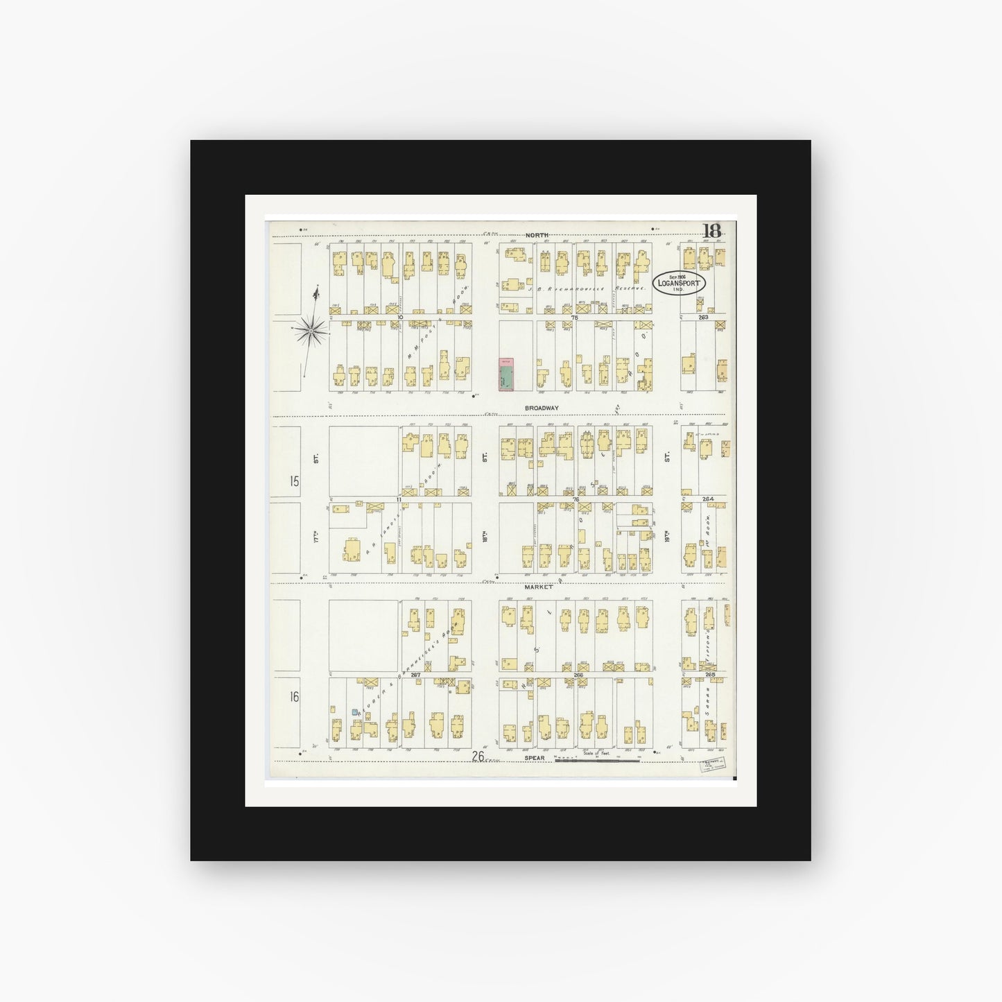 Old map wall art mockup — black gallery frame with white mat — Sanborn Fire Insurance Map from Logansport, Cass County, Indiana (1906), Sheet #0018
