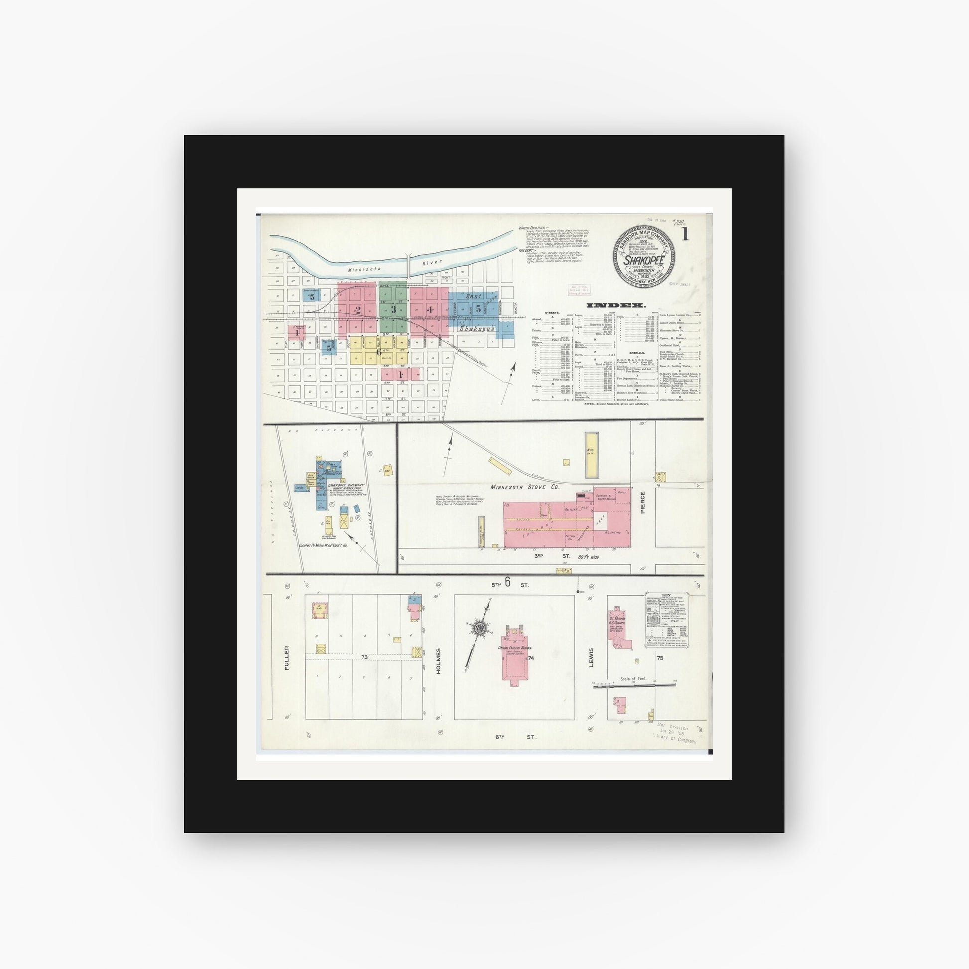 Old map wall art mockup — black gallery frame with white mat — Sanborn Fire Insurance Map from Shakopee, Scott County, Minnesota (1910) - Complete Map Set