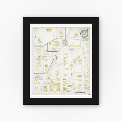 Old map wall art mockup — black gallery frame with white mat — Sanborn Fire Insurance Map from Rosedale, Parke County, Indiana (1907), Sheet #0001