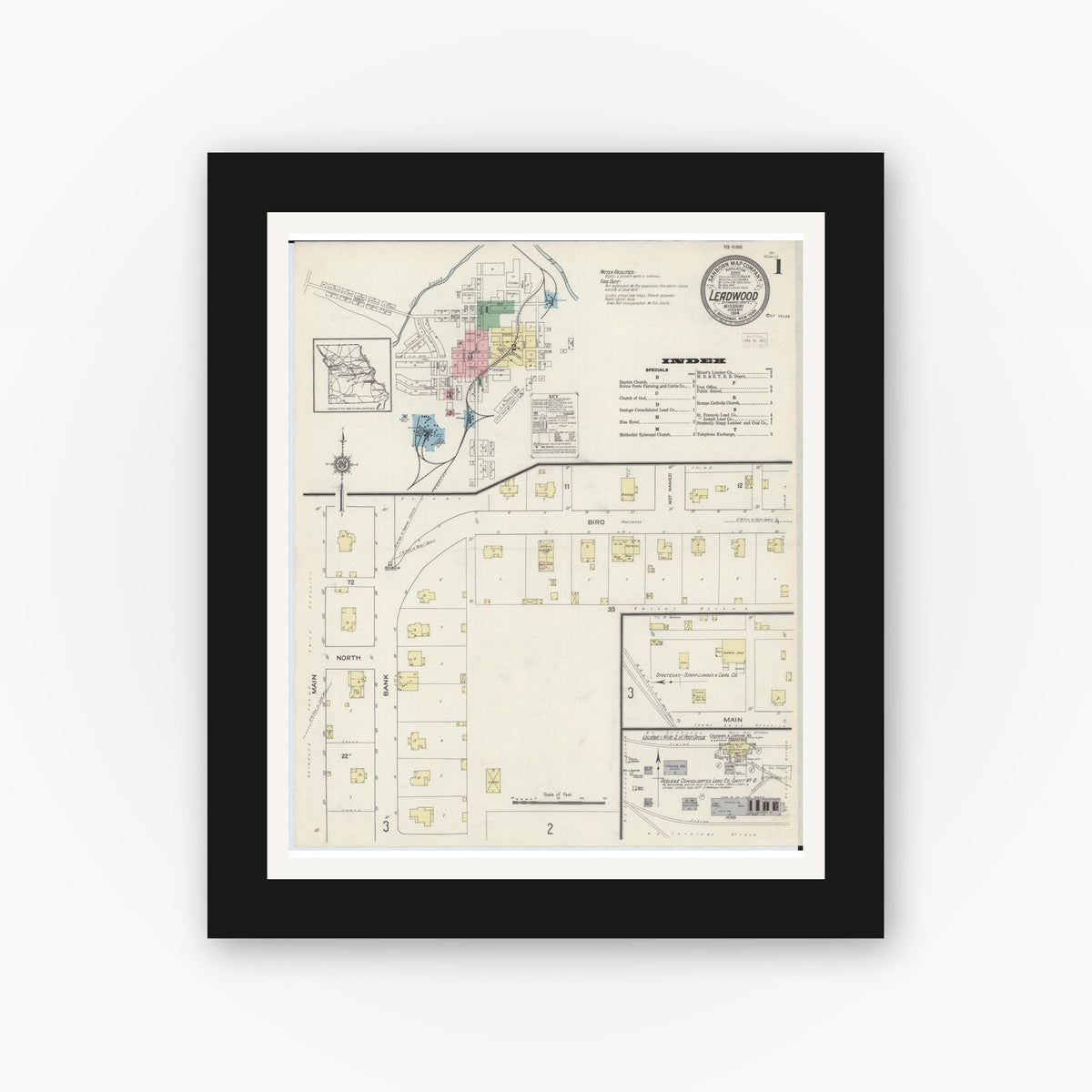 Old map wall art mockup — black gallery frame with white mat — Sanborn Fire Insurance Map from Leadwood, Saint Francois County, Missouri (1914), Sheet #0001