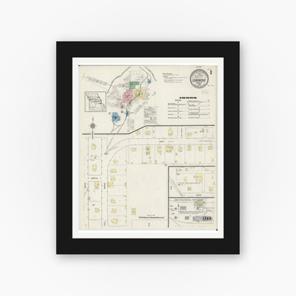 Old map wall art mockup — black gallery frame with white mat — Sanborn Fire Insurance Map from Leadwood, Saint Francois County, Missouri (1914), Sheet #0001
