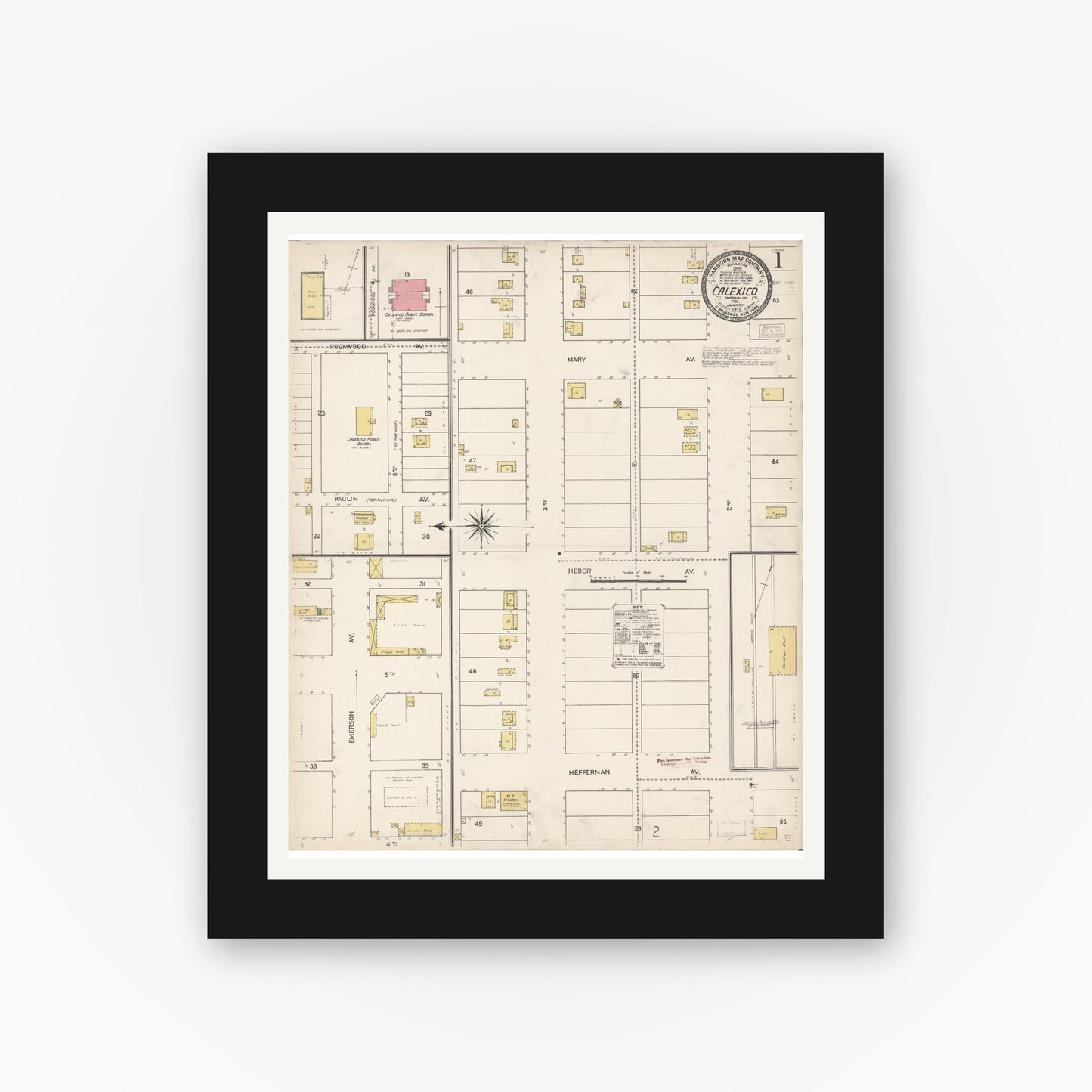 Old map wall art mockup — black gallery frame with white mat — Sanborn Fire Insurance Map from Calexico, Imperial County, California (1910), Sheet #0001