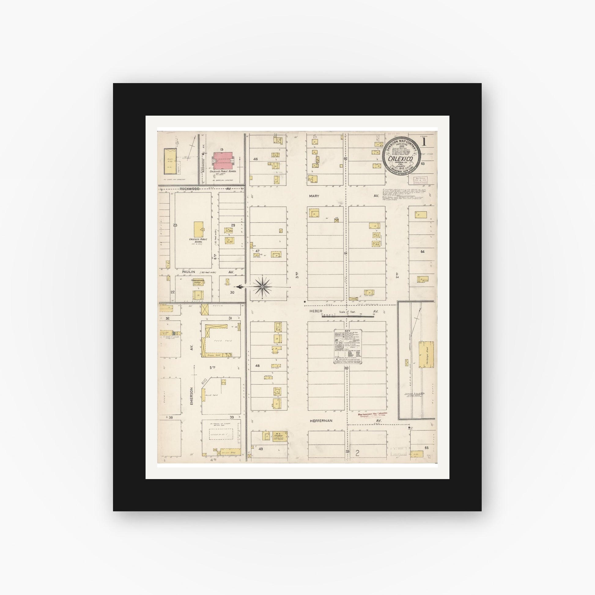 Old map wall art mockup — black gallery frame with white mat — Sanborn Fire Insurance Map from Calexico, Imperial County, California (1910), Sheet #0001