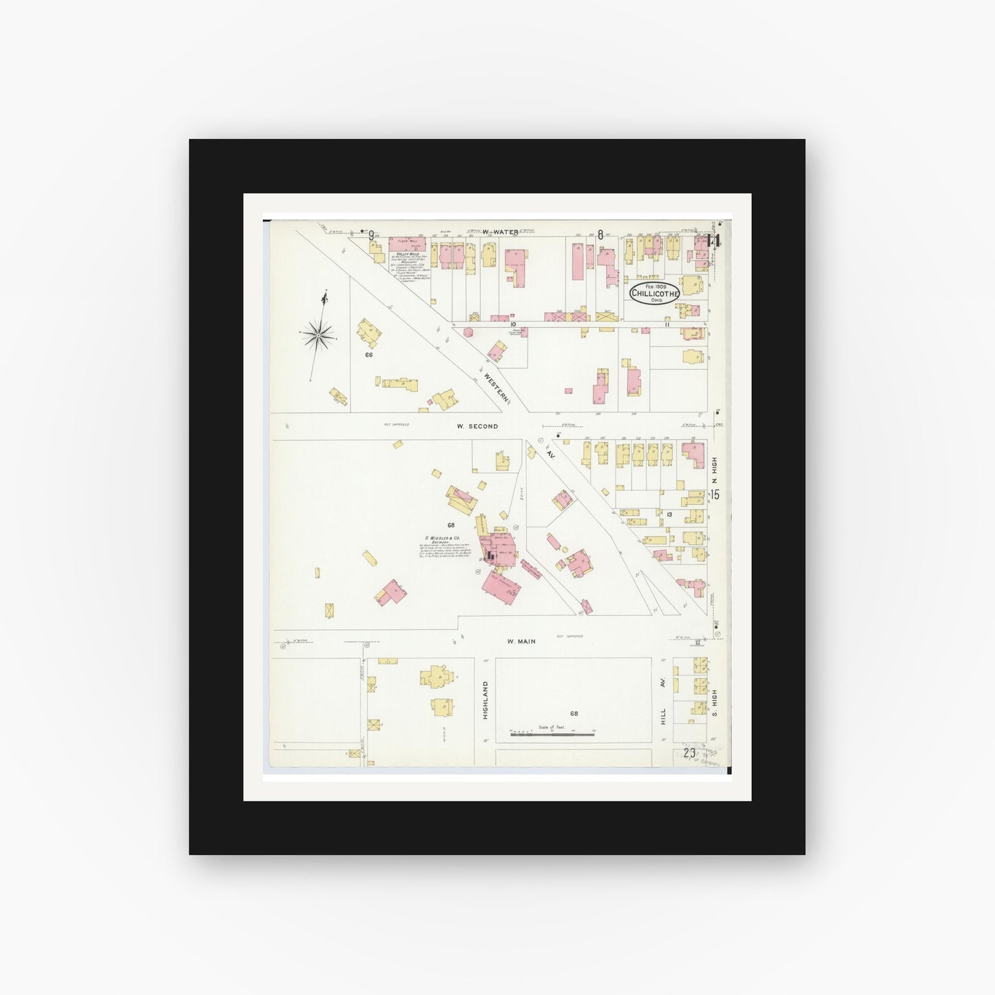 Old map wall art mockup — black gallery frame with white mat — Sanborn Fire Insurance Map from Chillicothe, Ross County, Ohio (1909), Sheet #0014