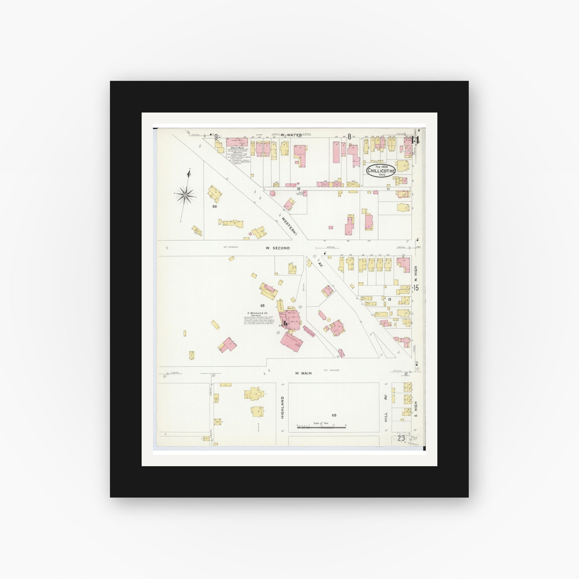 Old map wall art mockup — black gallery frame with white mat — Sanborn Fire Insurance Map from Chillicothe, Ross County, Ohio (1909), Sheet #0014