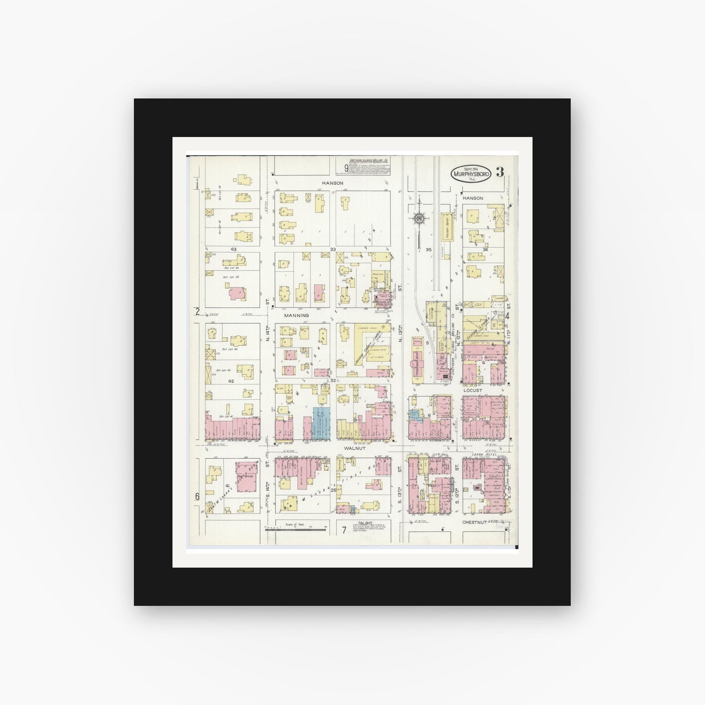 Old map wall art mockup — black gallery frame with white mat — Sanborn Fire Insurance Map from Murphysboro, Jackson County, Illinois (1914), Sheet #0003