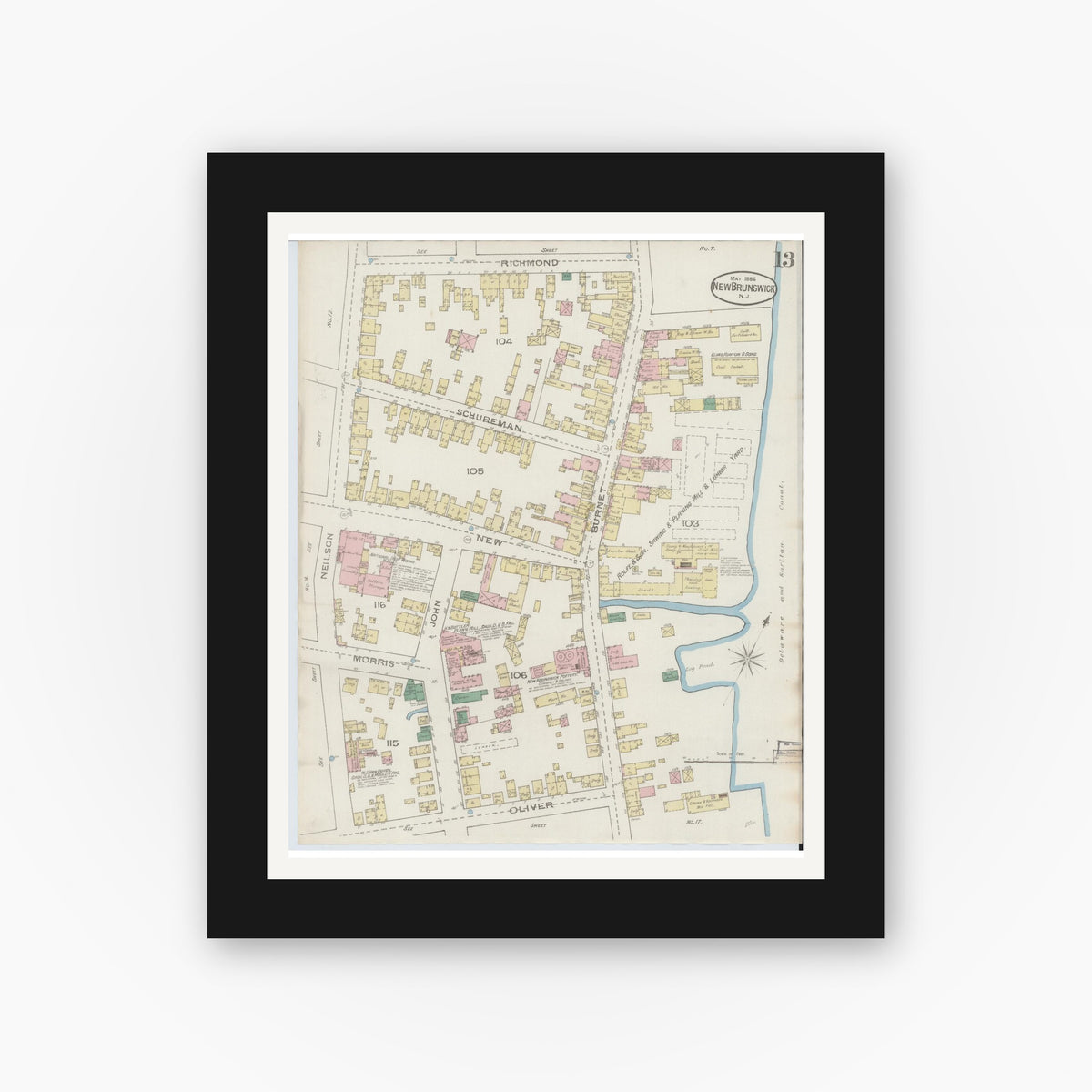 Old map wall art mockup — black gallery frame with white mat — Sanborn Fire Insurance Map from New Brunswick, Middlesex County, New Jersey (1886), Sheet #0013