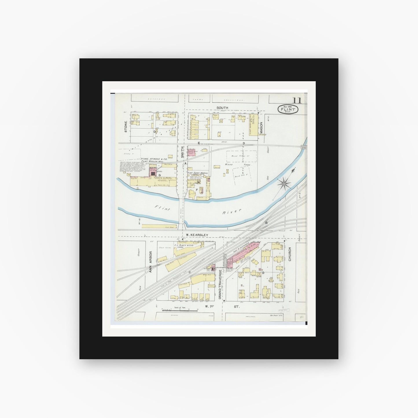 Old map wall art mockup — black gallery frame with white mat — Sanborn Fire Insurance Map from Flint, Genesee County, Michigan (1892), Sheet #0011