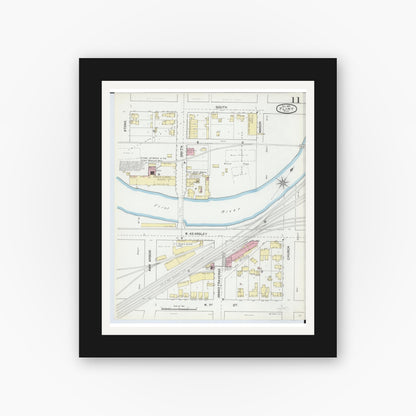 Old map wall art mockup — black gallery frame with white mat — Sanborn Fire Insurance Map from Flint, Genesee County, Michigan (1892), Sheet #0011