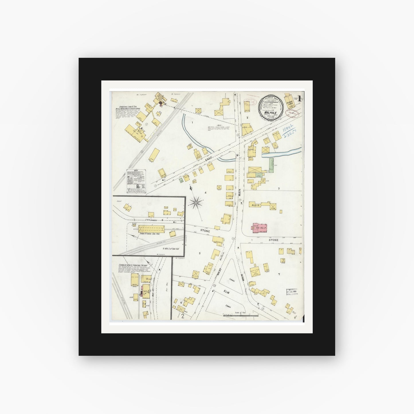 Old map wall art mockup — black gallery frame with white mat — Sanborn Fire Insurance Map from Walpole, Norfolk County, Massachusetts (1899) - Complete Map Set