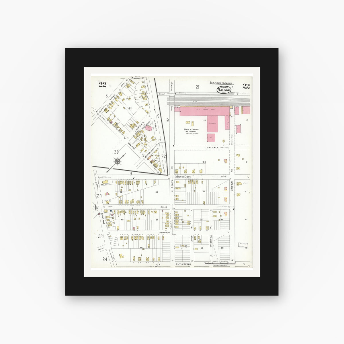 Old map wall art mockup — black gallery frame with white mat — Sanborn Fire Insurance Map from Rahway, Union County, New Jersey (1923), Sheet #0022