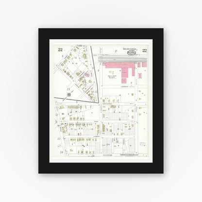 Old map wall art mockup — black gallery frame with white mat — Sanborn Fire Insurance Map from Rahway, Union County, New Jersey (1923), Sheet #0022