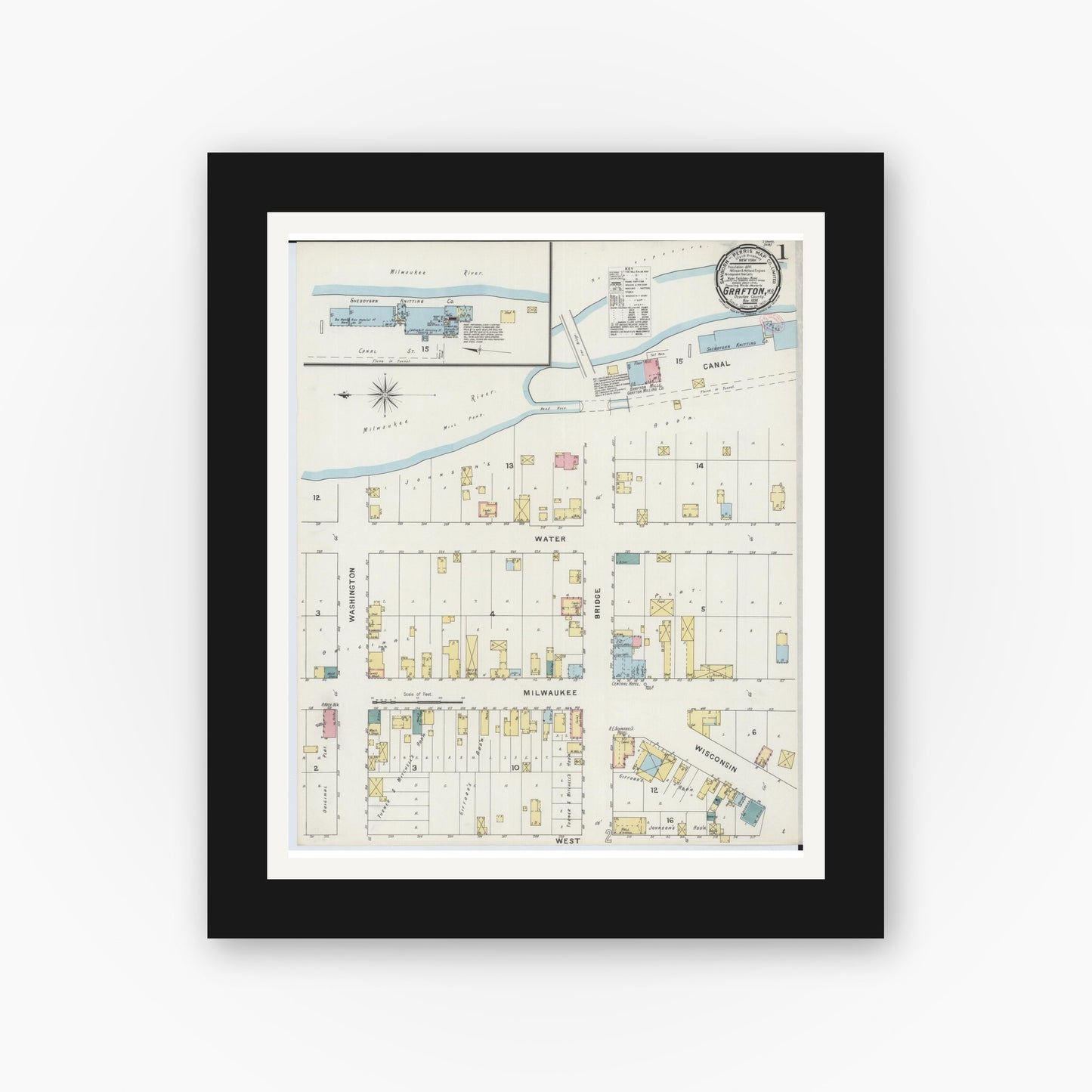 Old map wall art mockup — black gallery frame with white mat — Sanborn Fire Insurance Map from Grafton, Ozankee County, Wisconsin (1894) - Complete Map Set