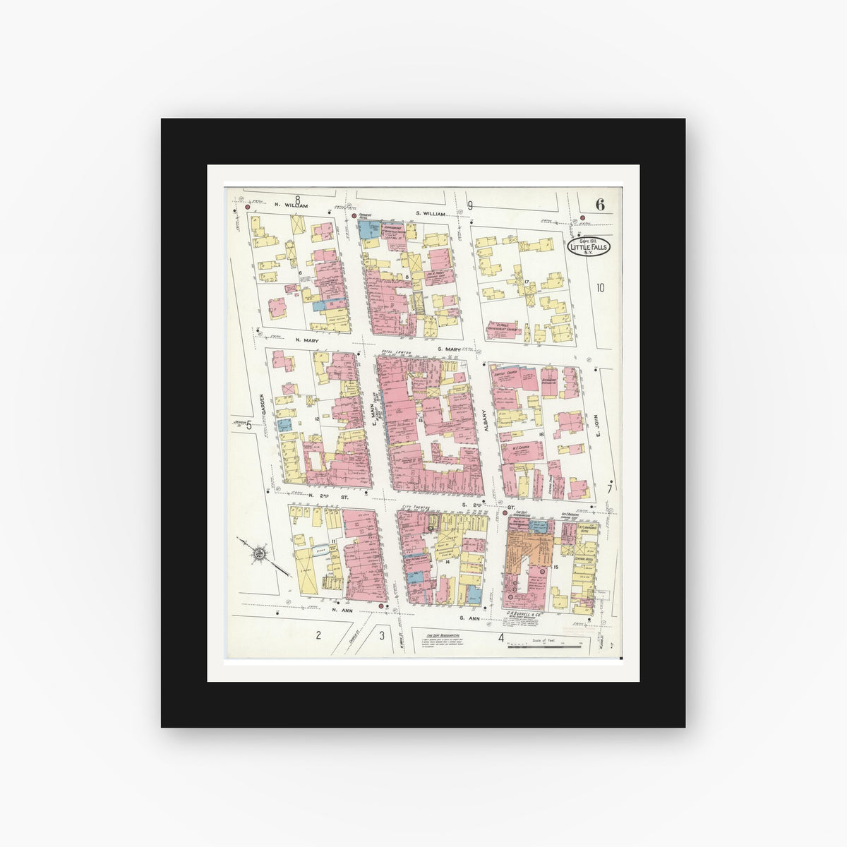 Old map wall art mockup — black gallery frame with white mat — Sanborn Fire Insurance Map from Little Falls, Herkimer County, New York (1911), Sheet #0006