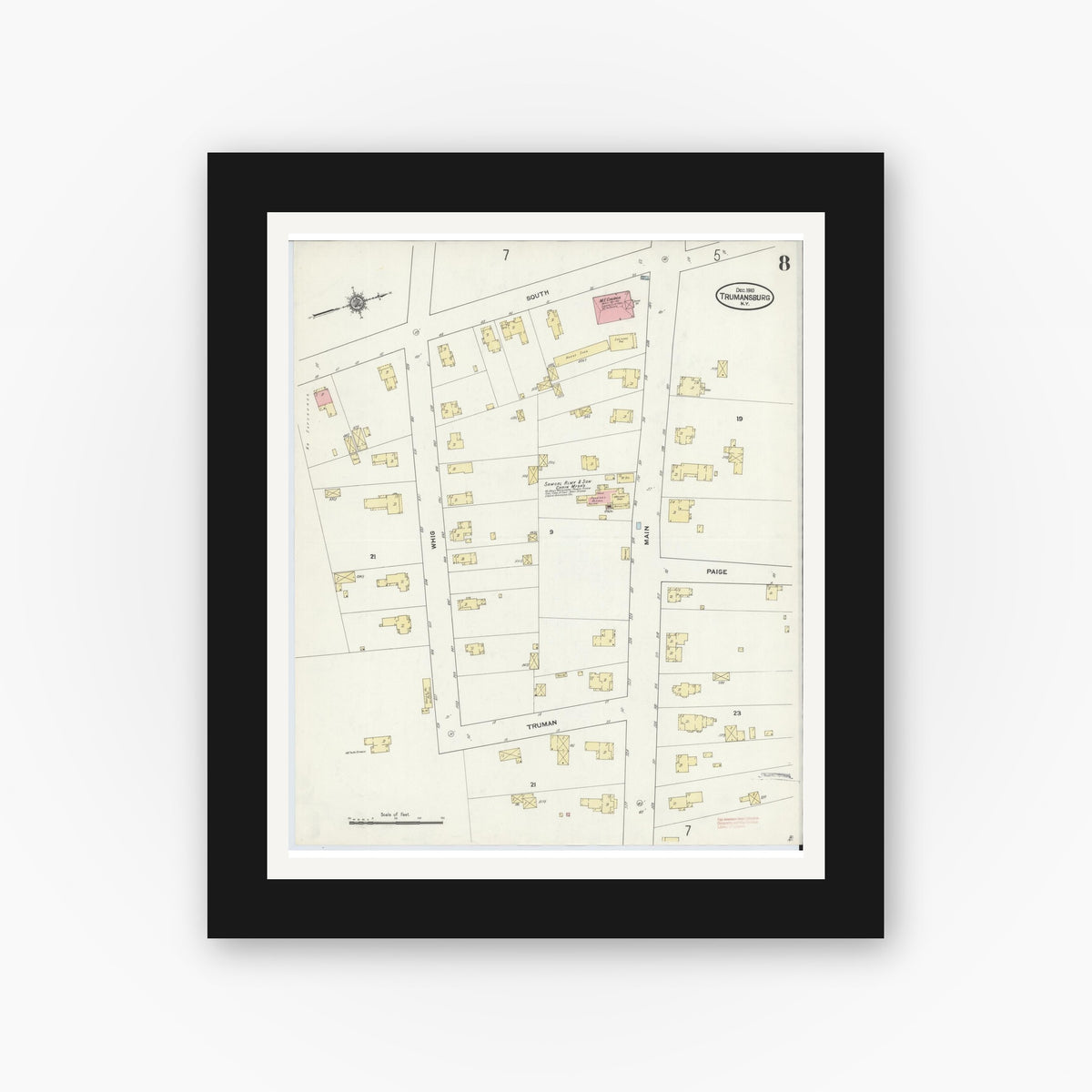 Old map wall art mockup — black gallery frame with white mat — Sanborn Fire Insurance Map from Trumansburg, Tompkins County, New York (1910), Sheet #0008