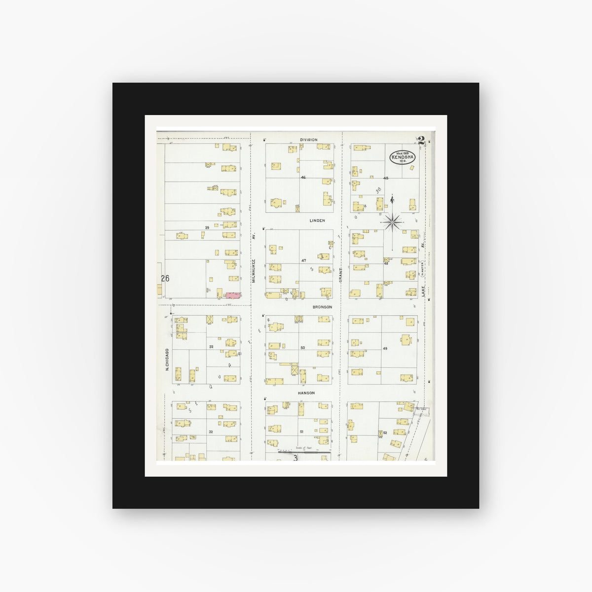 Old map wall art mockup — black gallery frame with white mat — Sanborn Fire Insurance Map from Kenosha, Kenosha County, Wisconsin (1905), Sheet #0002