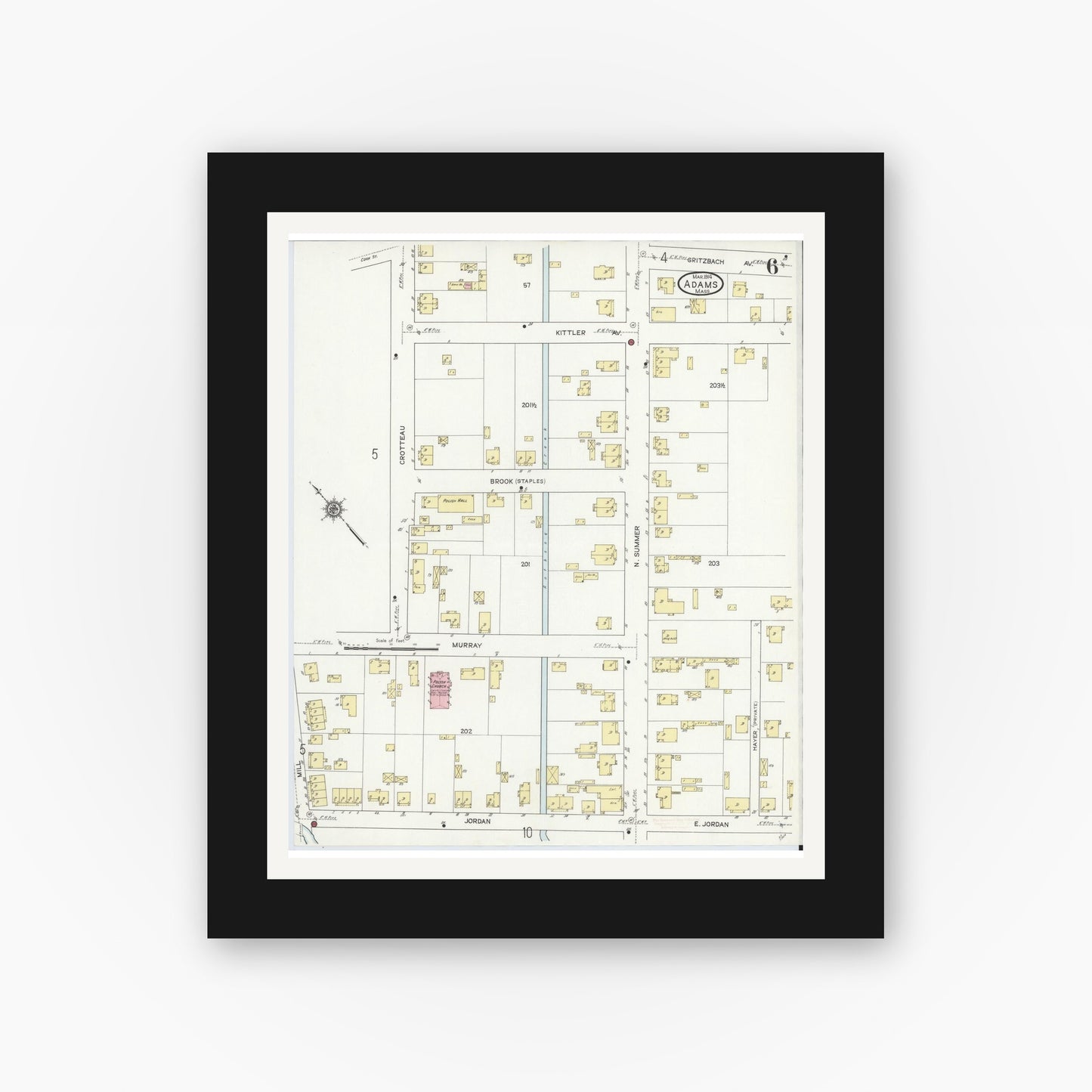 Old map wall art mockup — black gallery frame with white mat — Sanborn Fire Insurance Map from Adams, Berkshire County, Massachusetts (1914), Sheet #0006
