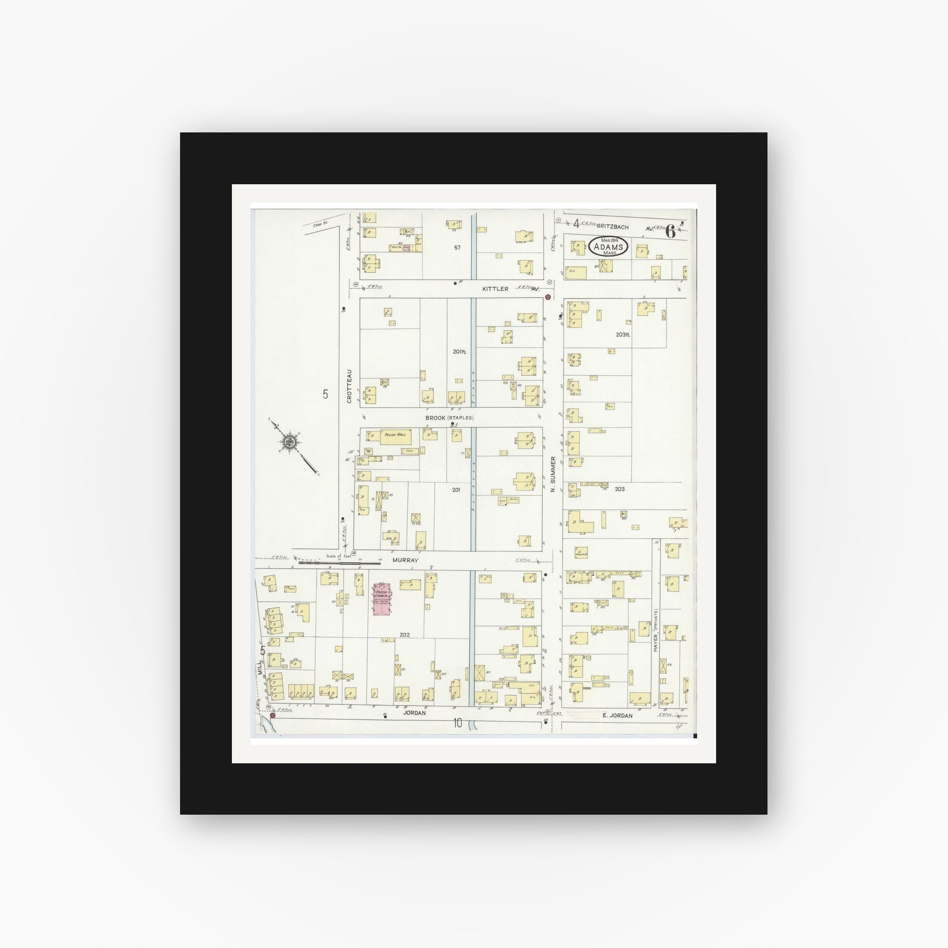 Old map wall art mockup — black gallery frame with white mat — Sanborn Fire Insurance Map from Adams, Berkshire County, Massachusetts (1914), Sheet #0006