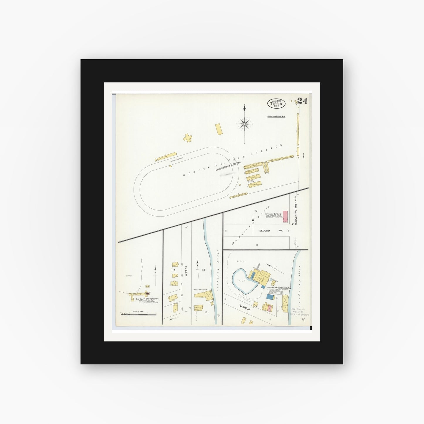 Old map wall art mockup — black gallery frame with white mat — Sanborn Fire Insurance Map from Tiffin, Seneca County, Ohio (1908), Sheet #0024