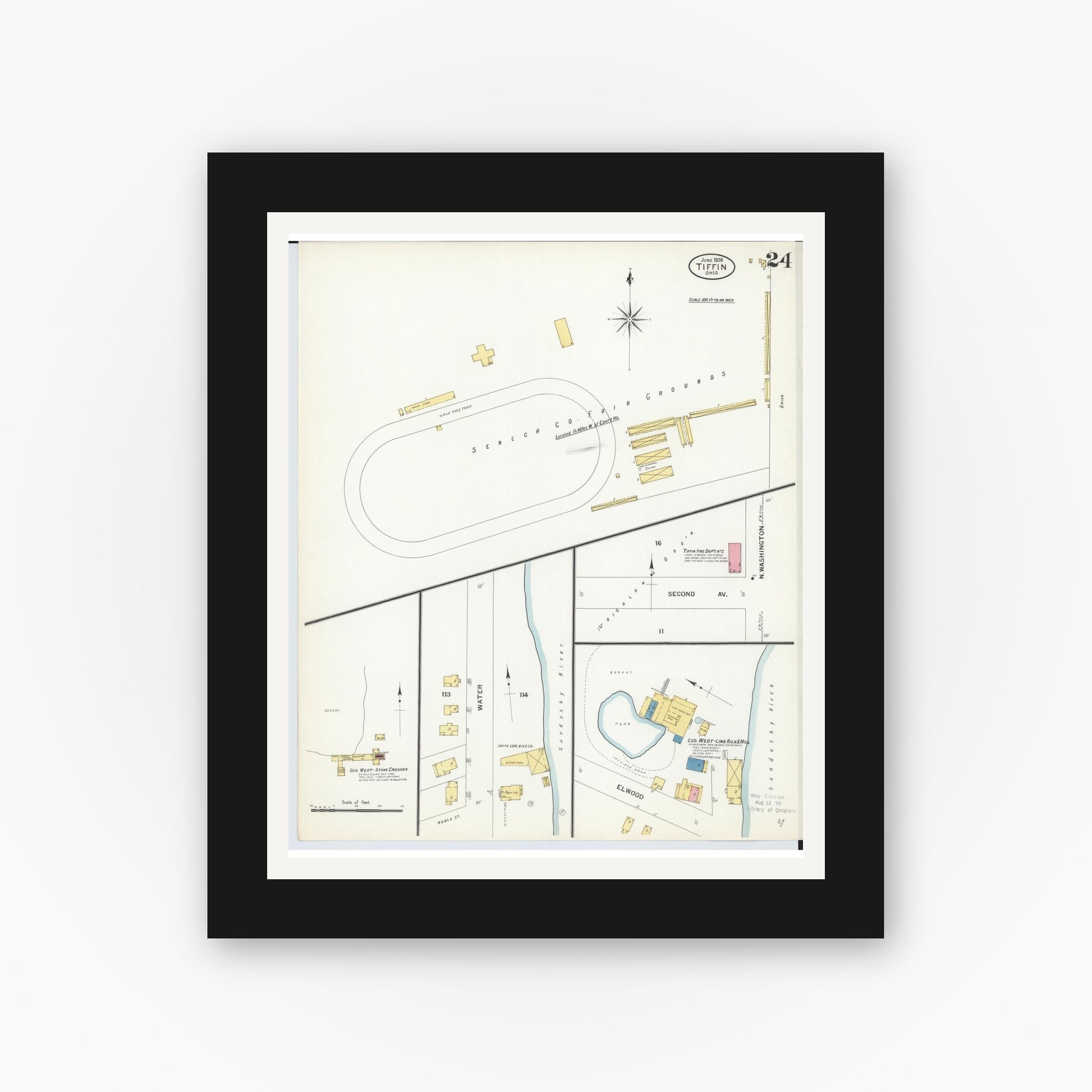 Old map wall art mockup — black gallery frame with white mat — Sanborn Fire Insurance Map from Tiffin, Seneca County, Ohio (1908), Sheet #0024