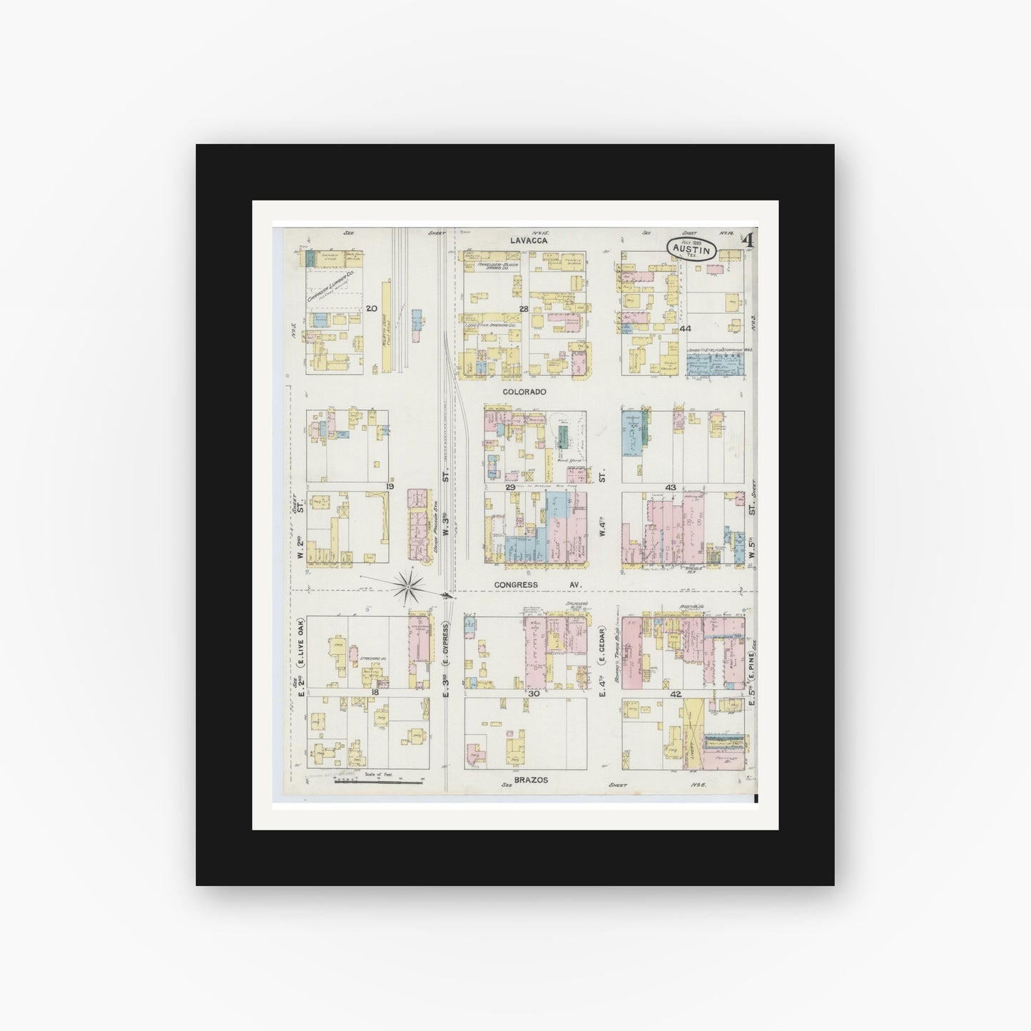 Old map wall art mockup — black gallery frame with white mat — Sanborn Fire Insurance Map from Austin, Travis County, Texas (1889), Sheet #0004