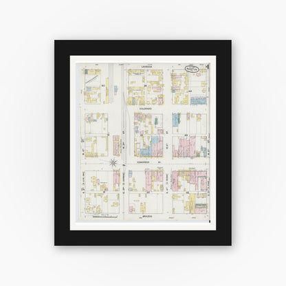 Old map wall art mockup — black gallery frame with white mat — Sanborn Fire Insurance Map from Austin, Travis County, Texas (1889), Sheet #0004