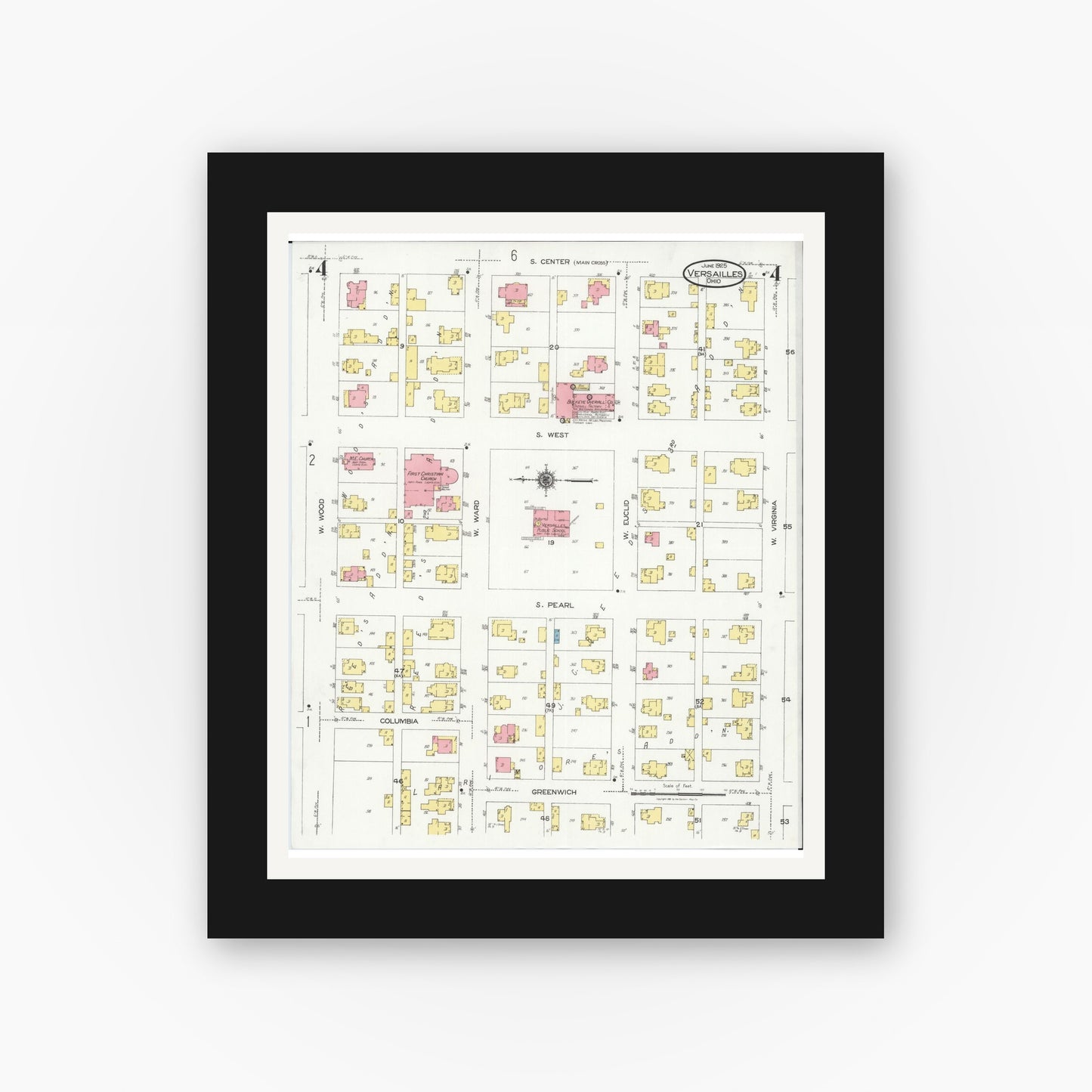 Old map wall art mockup — black gallery frame with white mat — Sanborn Fire Insurance Map from Versailles, Darke County, Ohio (1925), Sheet #0004