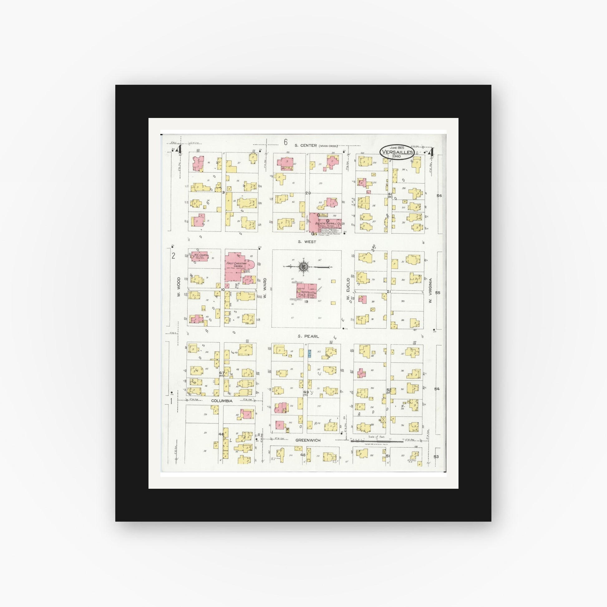 Old map wall art mockup — black gallery frame with white mat — Sanborn Fire Insurance Map from Versailles, Darke County, Ohio (1925), Sheet #0004
