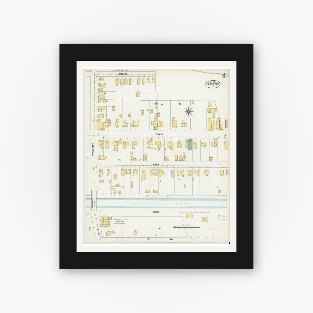 Old map wall art mockup — black gallery frame with white mat — Sanborn Fire Insurance Map from Frankfort, Herkimer County, New York (1902), Sheet #0004