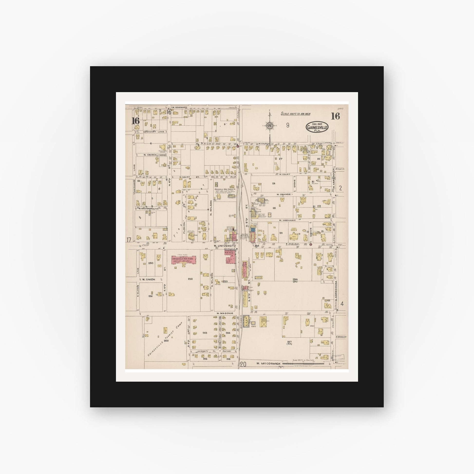 Old map wall art mockup — black gallery frame with white mat — Sanborn Fire Insurance Map from Gainesville, Alachua County, Florida (1922), Sheet #0016