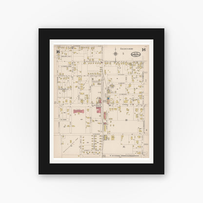 Old map wall art mockup — black gallery frame with white mat — Sanborn Fire Insurance Map from Gainesville, Alachua County, Florida (1922), Sheet #0016