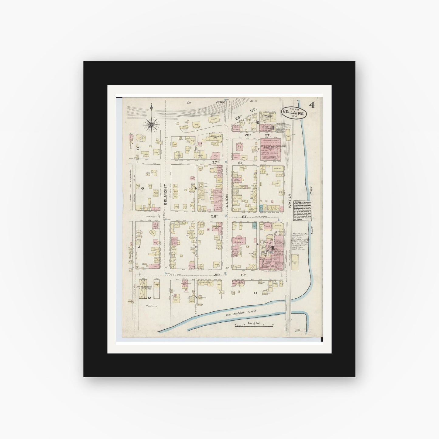 Old map wall art mockup — black gallery frame with white mat — Sanborn Fire Insurance Map from Bellaire, Belmont County, Ohio (1884), Sheet #0004