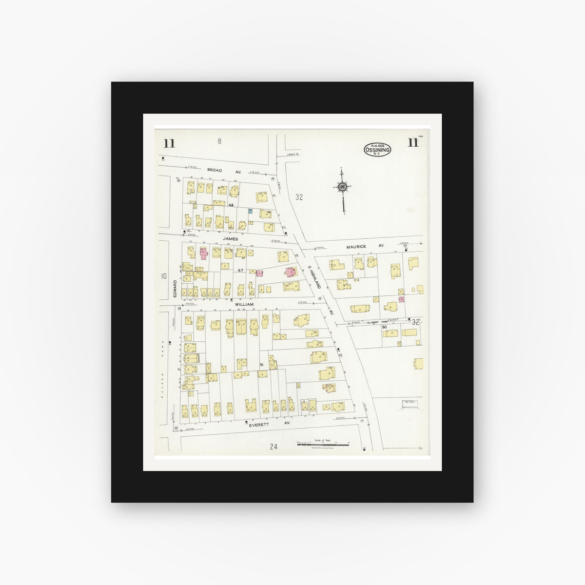 Old map wall art mockup — black gallery frame with white mat — Sanborn Fire Insurance Map from Ossining, Westchester County, New York (1924), Sheet #0011
