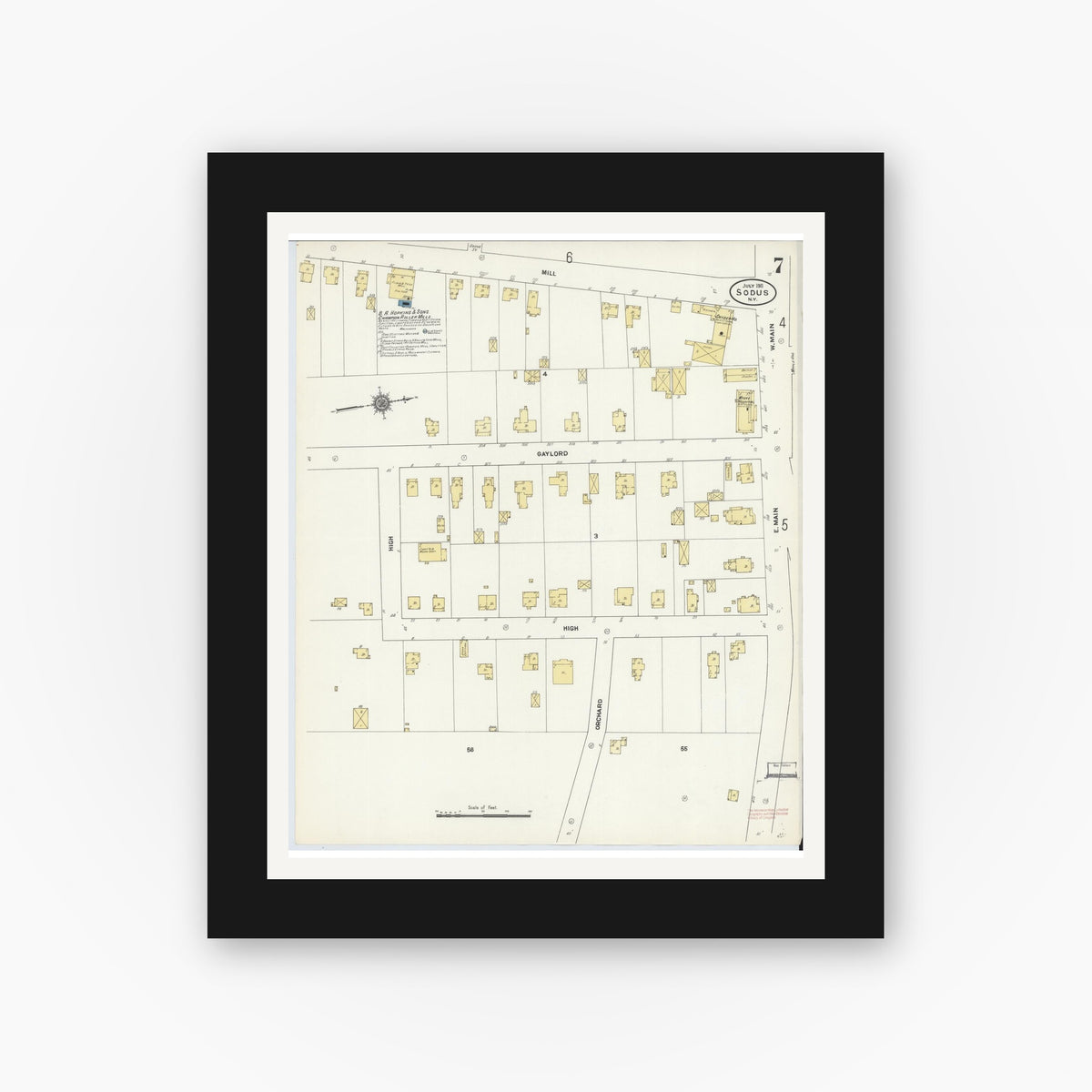 Old map wall art mockup — black gallery frame with white mat — Sanborn Fire Insurance Map from Sodus, Wayne County, New York (1911), Sheet #0007