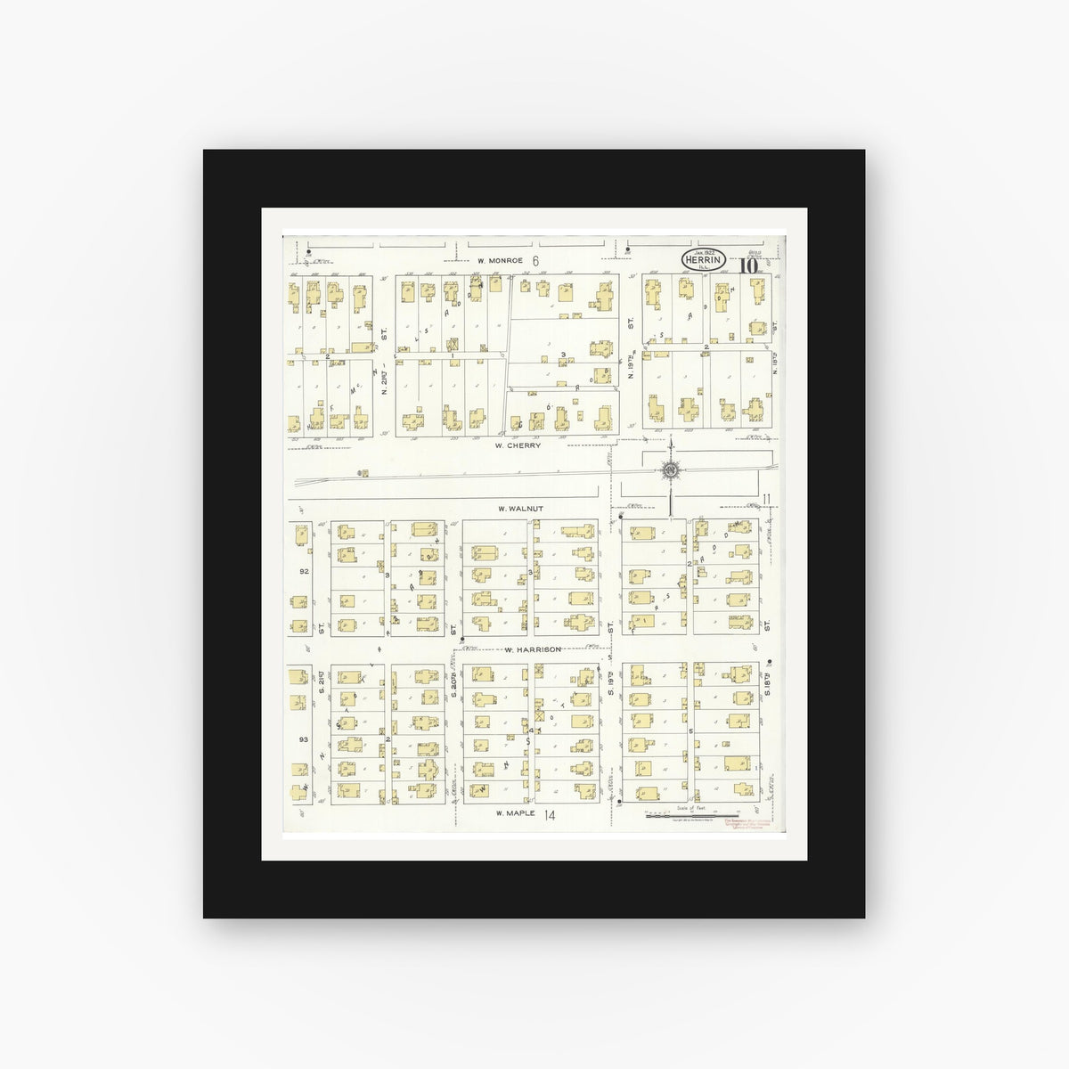 Old map wall art mockup — black gallery frame with white mat — Sanborn Fire Insurance Map from Herrin, Williamson County, Illinois (1922), Sheet #0010