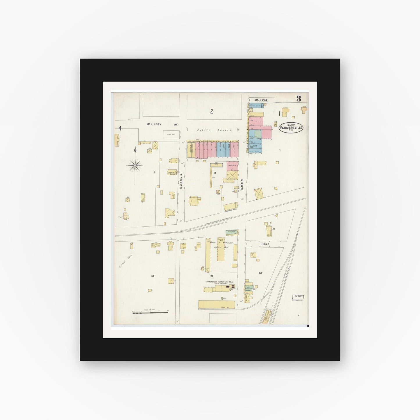 Old map wall art mockup — black gallery frame with white mat — Sanborn Fire Insurance Map from Farmersville, Collin County, Texas (1897), Sheet #0003