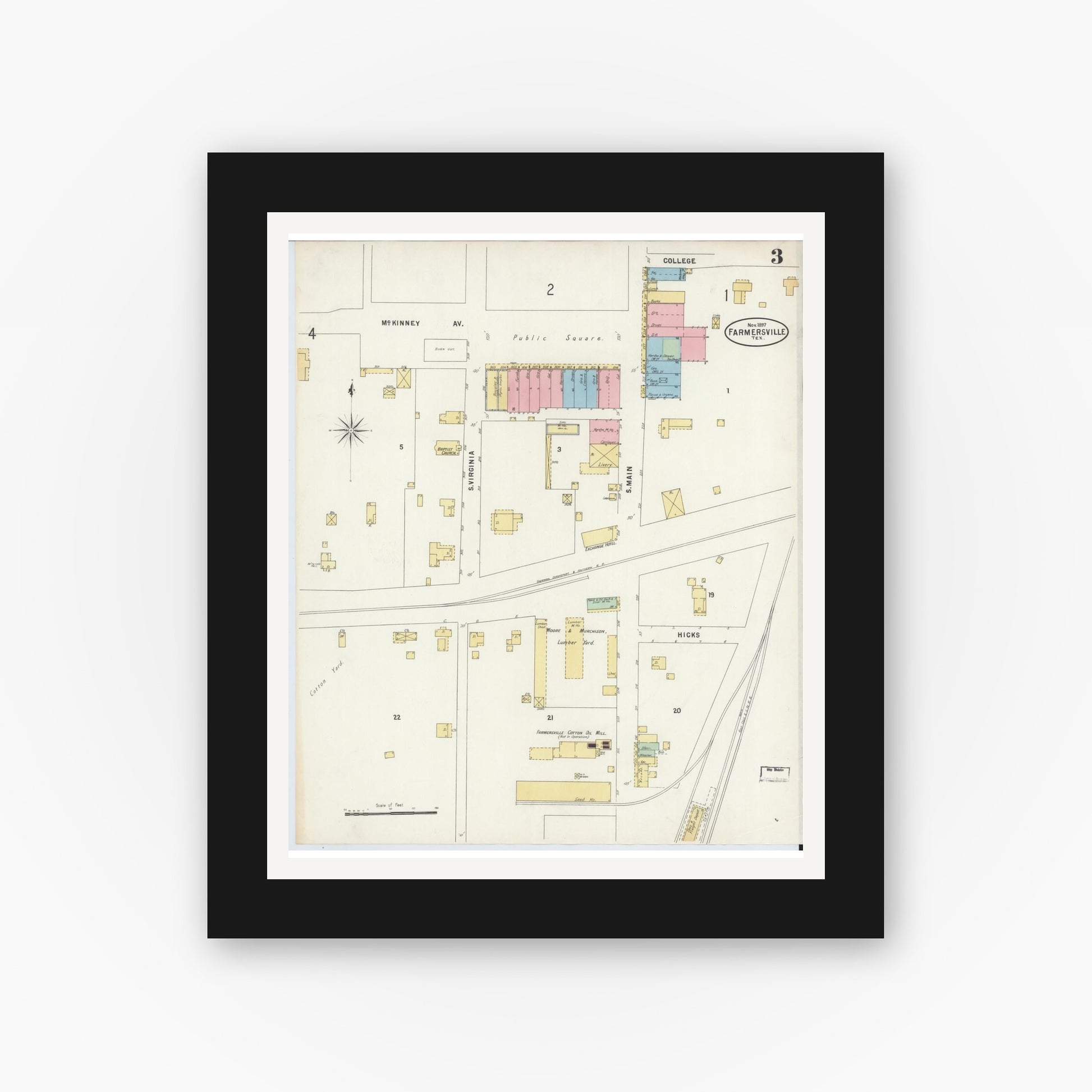 Old map wall art mockup — black gallery frame with white mat — Sanborn Fire Insurance Map from Farmersville, Collin County, Texas (1897), Sheet #0003