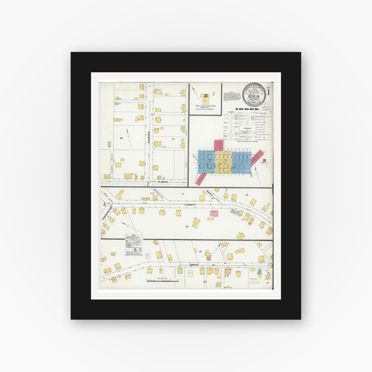 Old map wall art mockup — black gallery frame with white mat — Sanborn Fire Insurance Map from Berlin, Somerset County, Pennsylvania (1905) - Complete Map Set