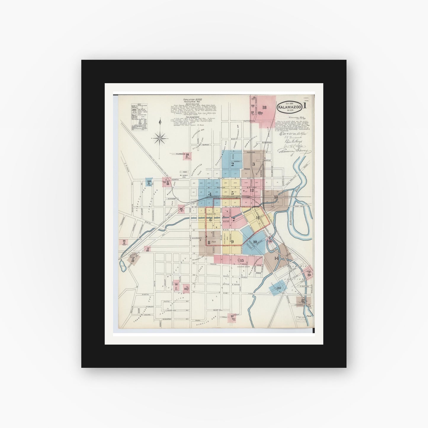 Old map wall art mockup — black gallery frame with white mat — Sanborn Fire Insurance Map from Kalamazoo, Kalamazoo County, Michigan (1891) - Complete Map Set