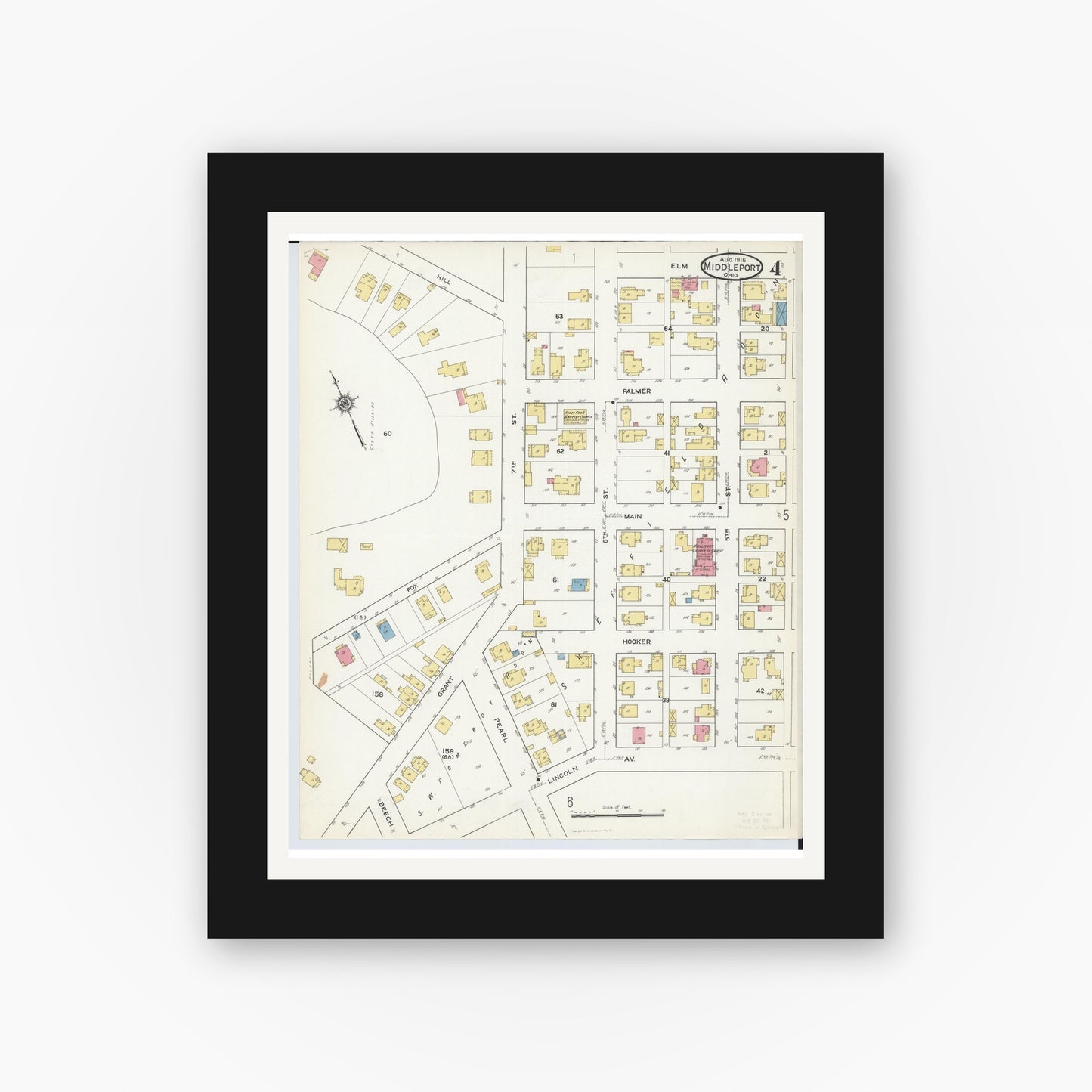Old map wall art mockup — black gallery frame with white mat — Sanborn Fire Insurance Map from Middleport, Meigs County, Ohio (1916), Sheet #0004