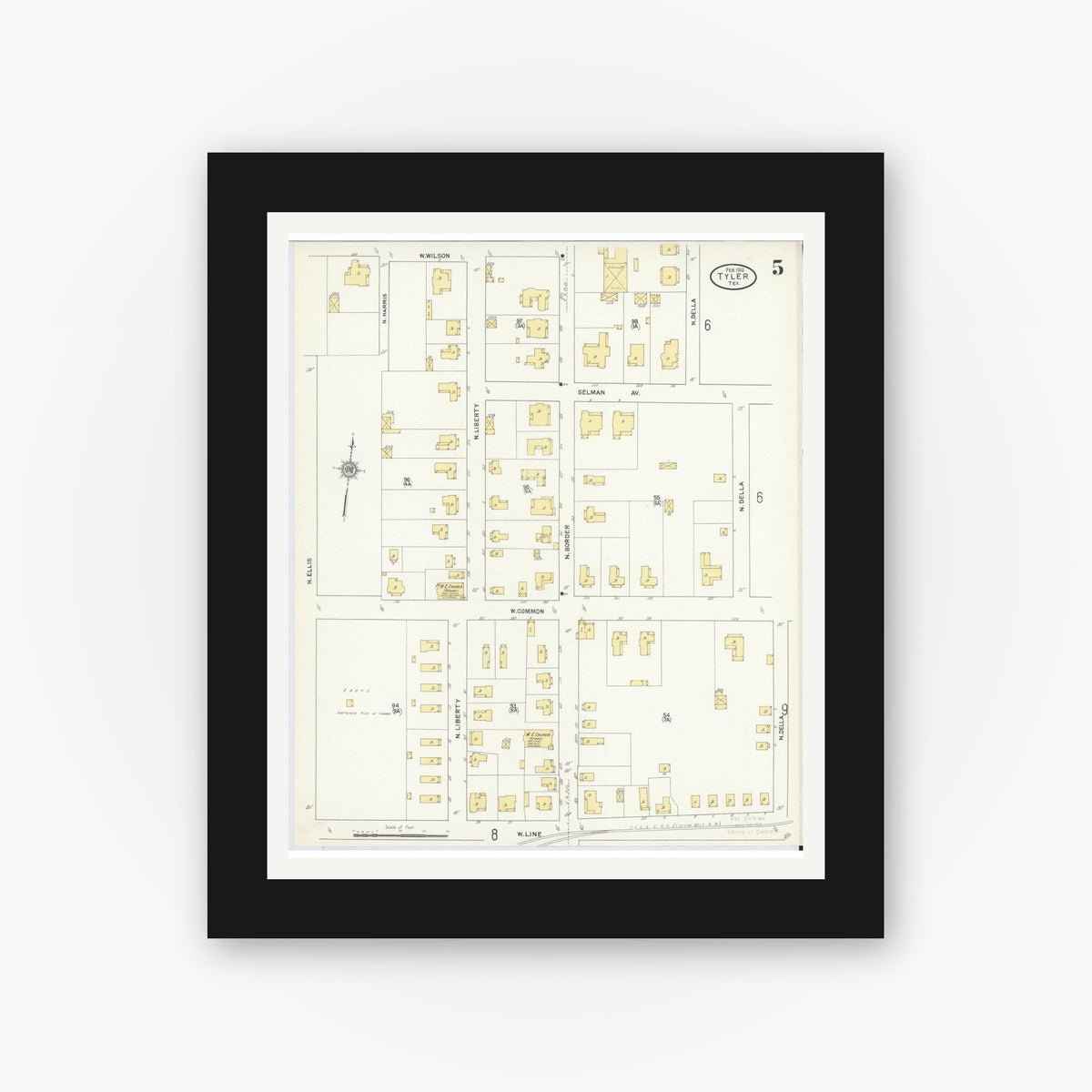 Old map wall art mockup — black gallery frame with white mat — Sanborn Fire Insurance Map from Tyler, Smith County, Texas (1912), Sheet #0005