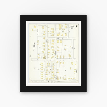 Old map wall art mockup — black gallery frame with white mat — Sanborn Fire Insurance Map from Tyler, Smith County, Texas (1912), Sheet #0005