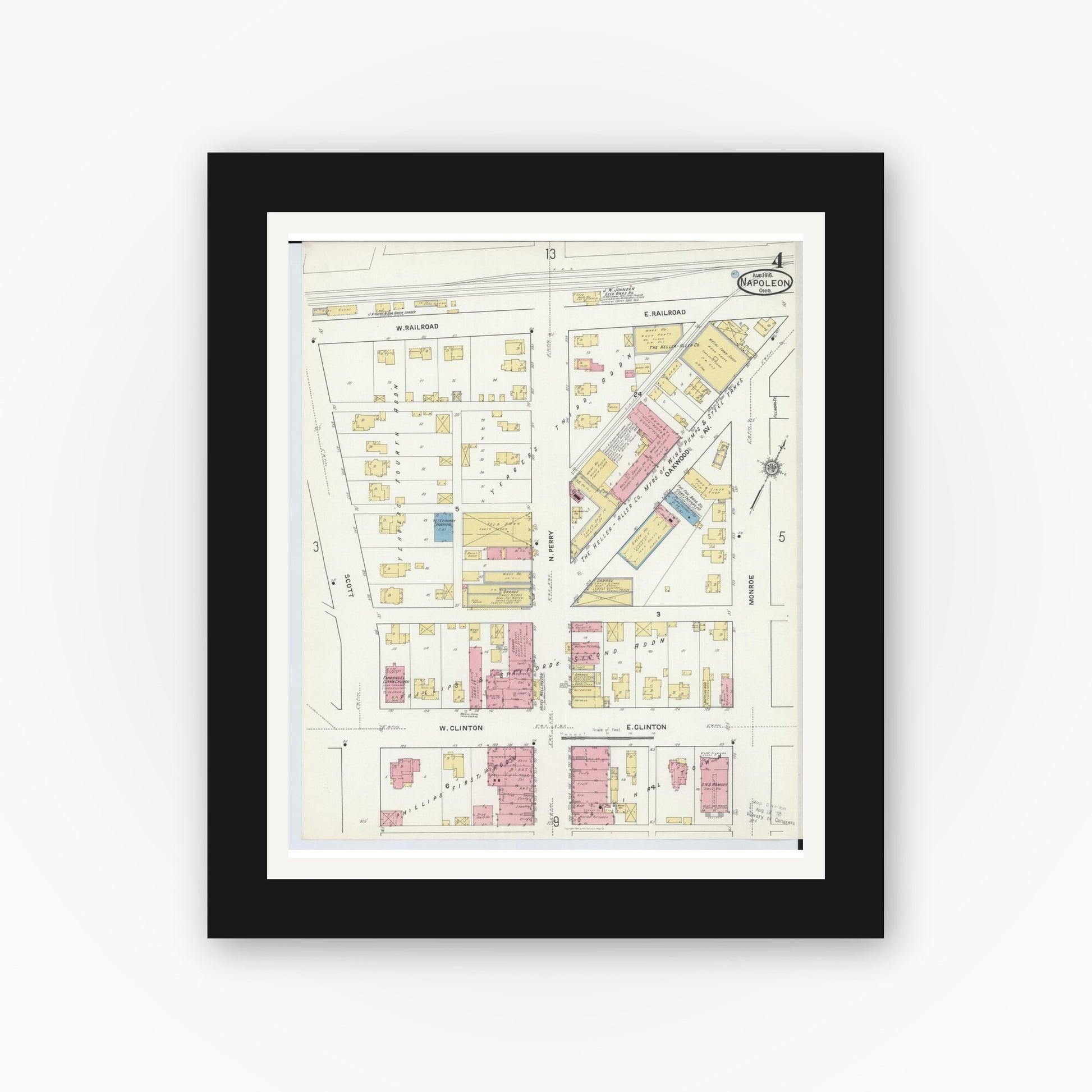 Old map wall art mockup — black gallery frame with white mat — Sanborn Fire Insurance Map from Napoleon, Henry County, Ohio (1916), Sheet #0004